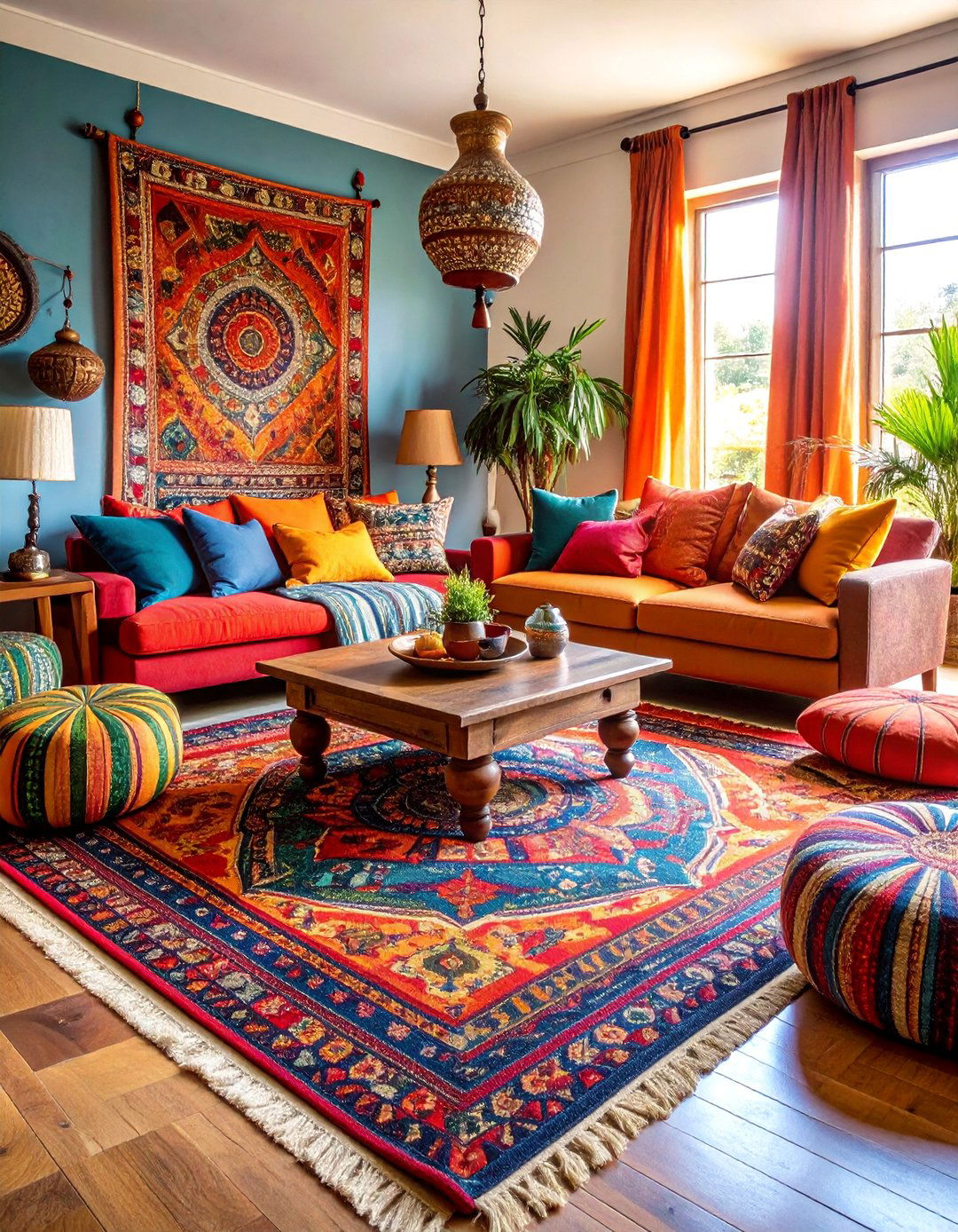 Eclectic Global Living Room with Kilim Flat Weave Rug - 25 Living Room Rug Ideas