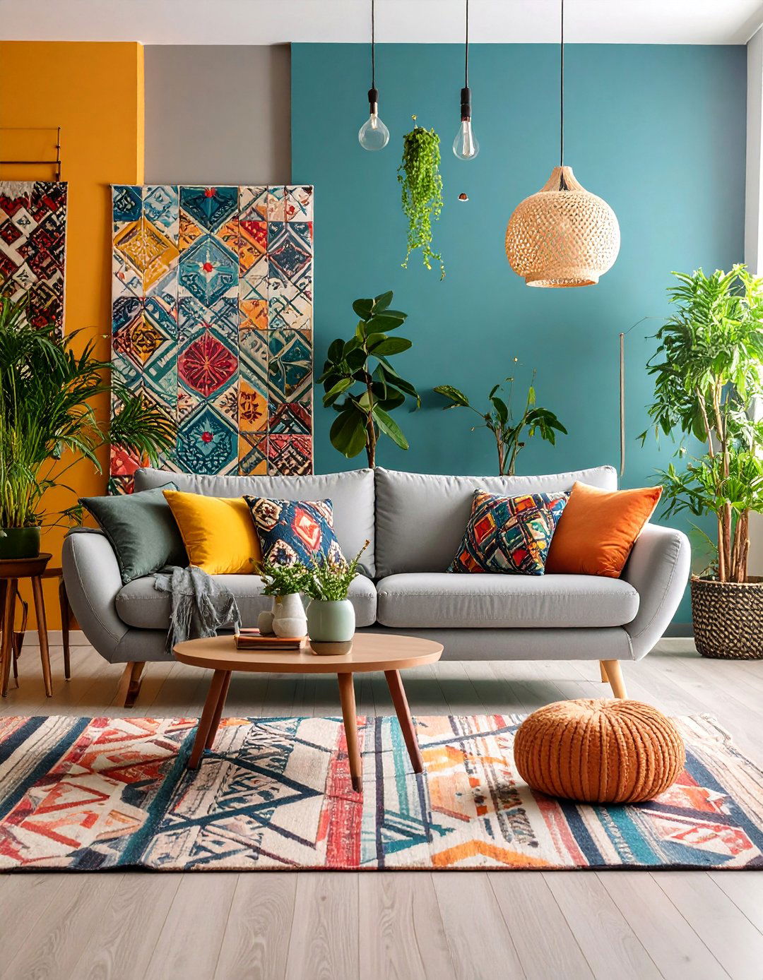 Eclectic Grey Couch Room with Mixed Patterns and Global Artifacts - 25 Grey Couch Living Room Ideas