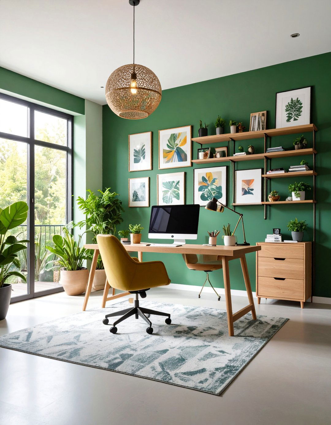 Eclectic Home Office with Olive Green Gallery Wall - 25 Olive Green Accent Wall Ideas