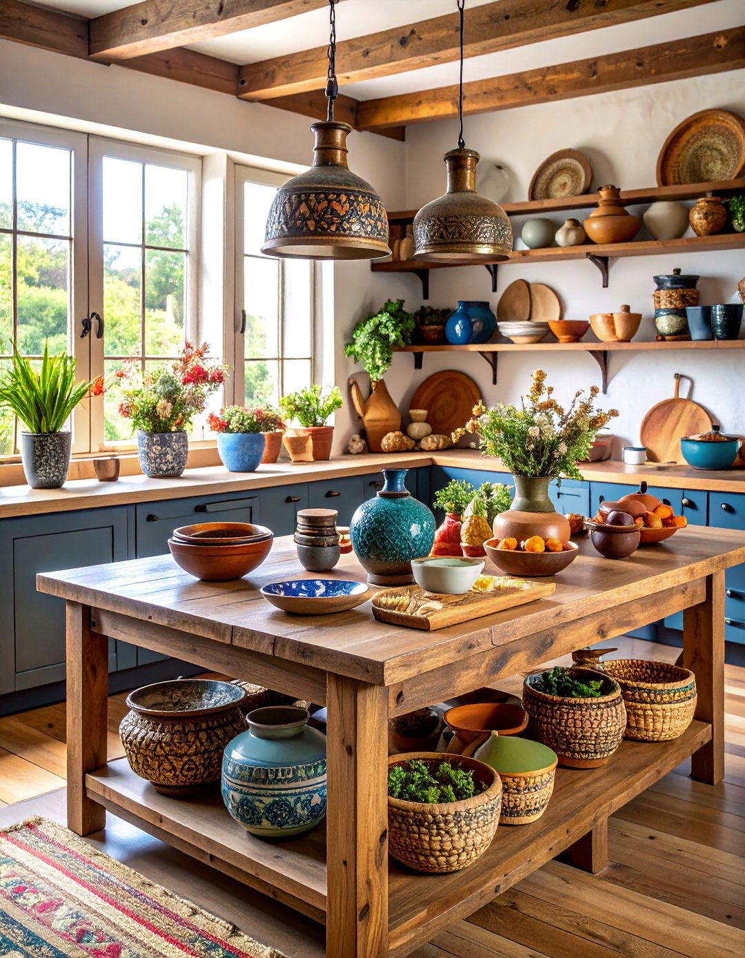 Eclectic Kitchen Island with Vintage Pottery and Artisan Crafts - 25 kitchen island decor ideas