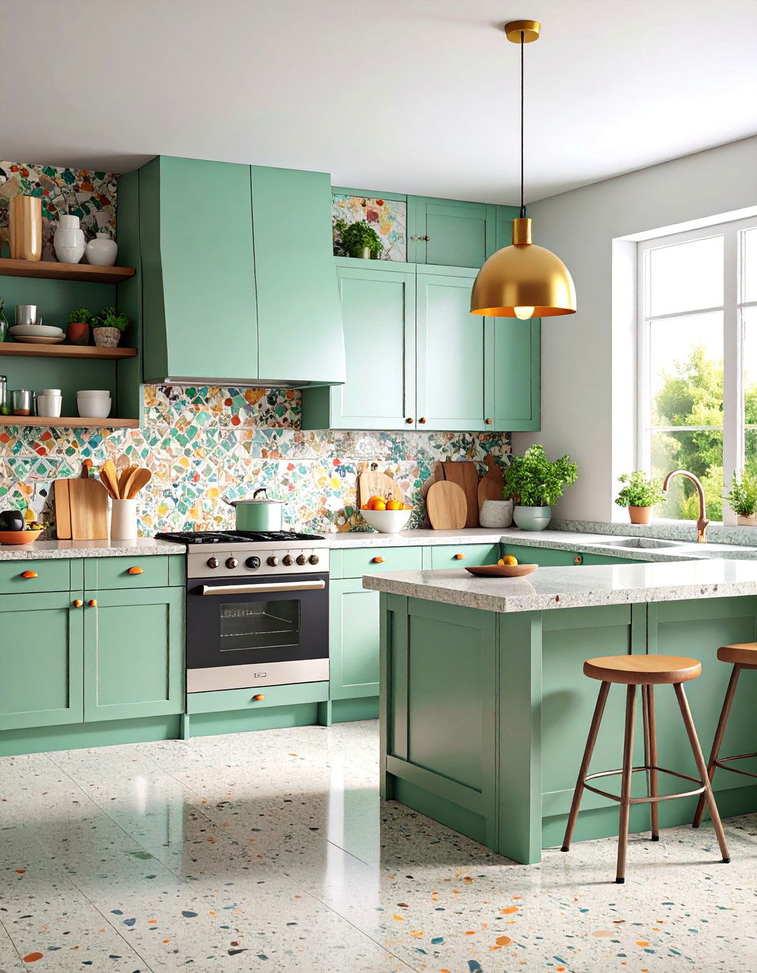 Eclectic Kitchen with Green Terrazzo Countertops - 25 Kitchen With Green Countertops Ideas