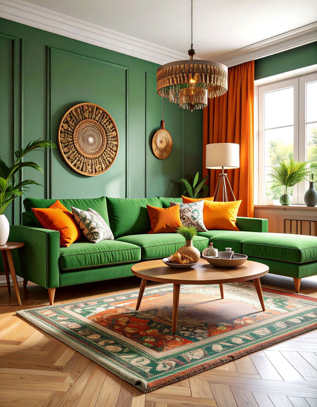 Eclectic Living Room with Jade Green and Spice Orange - 25 Green and Orange Living Room Ideas