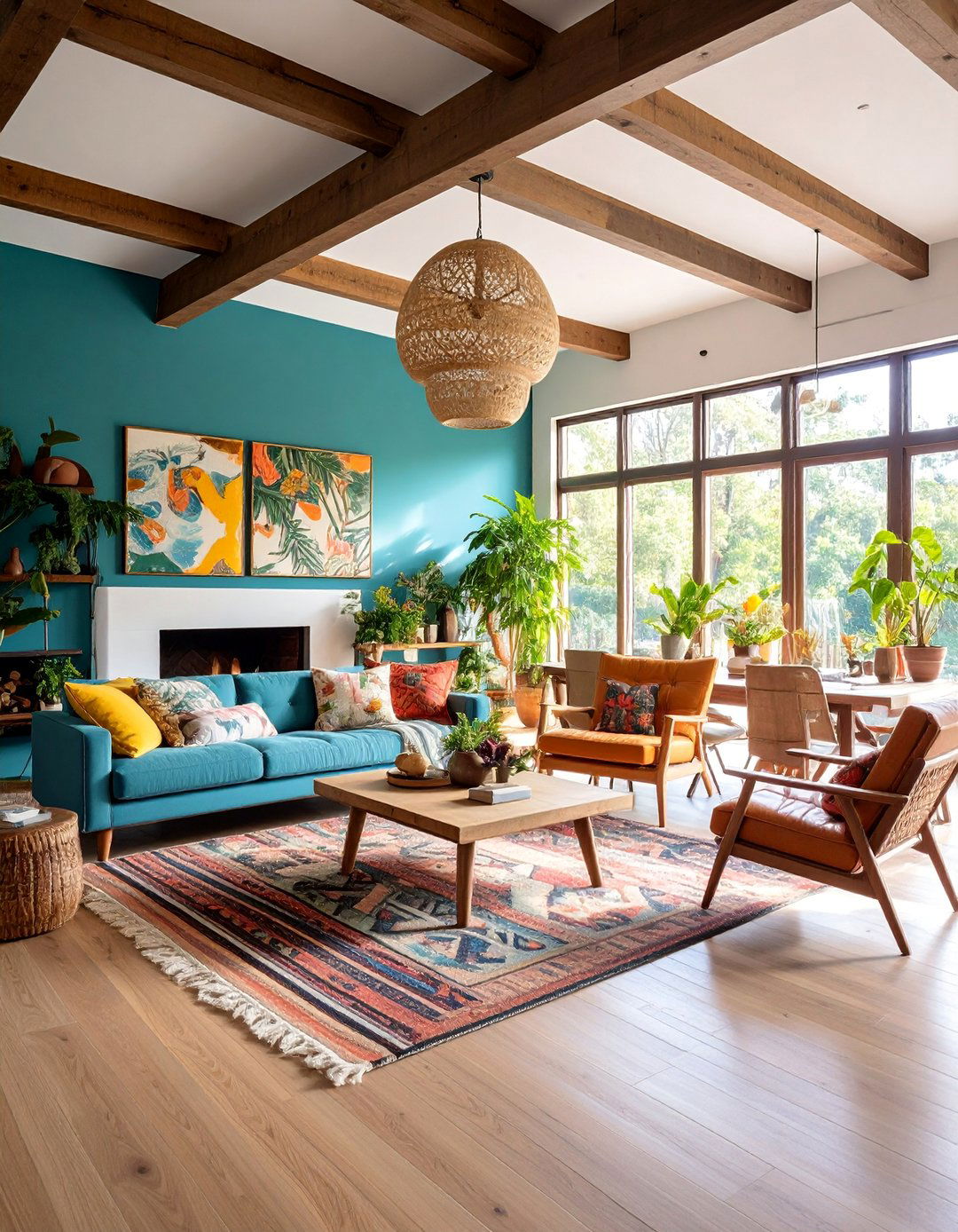 Eclectic Living Room with Mixed Material Beams - 25 Exposed Beam Living Room Ideas