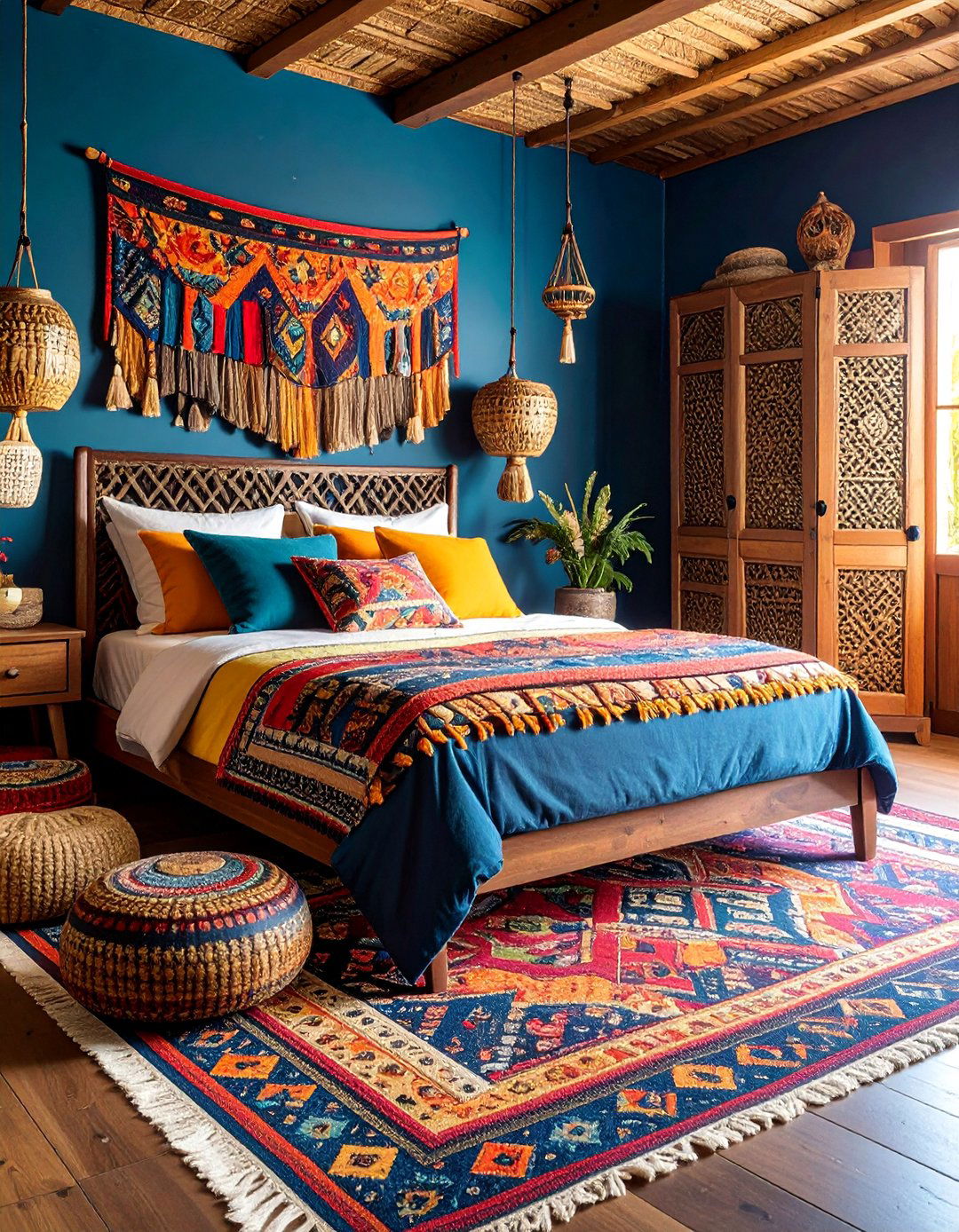 Eclectic Matte Black Bedroom with Global Patterns Mix - 25 Matte Black Bedroom Ideas