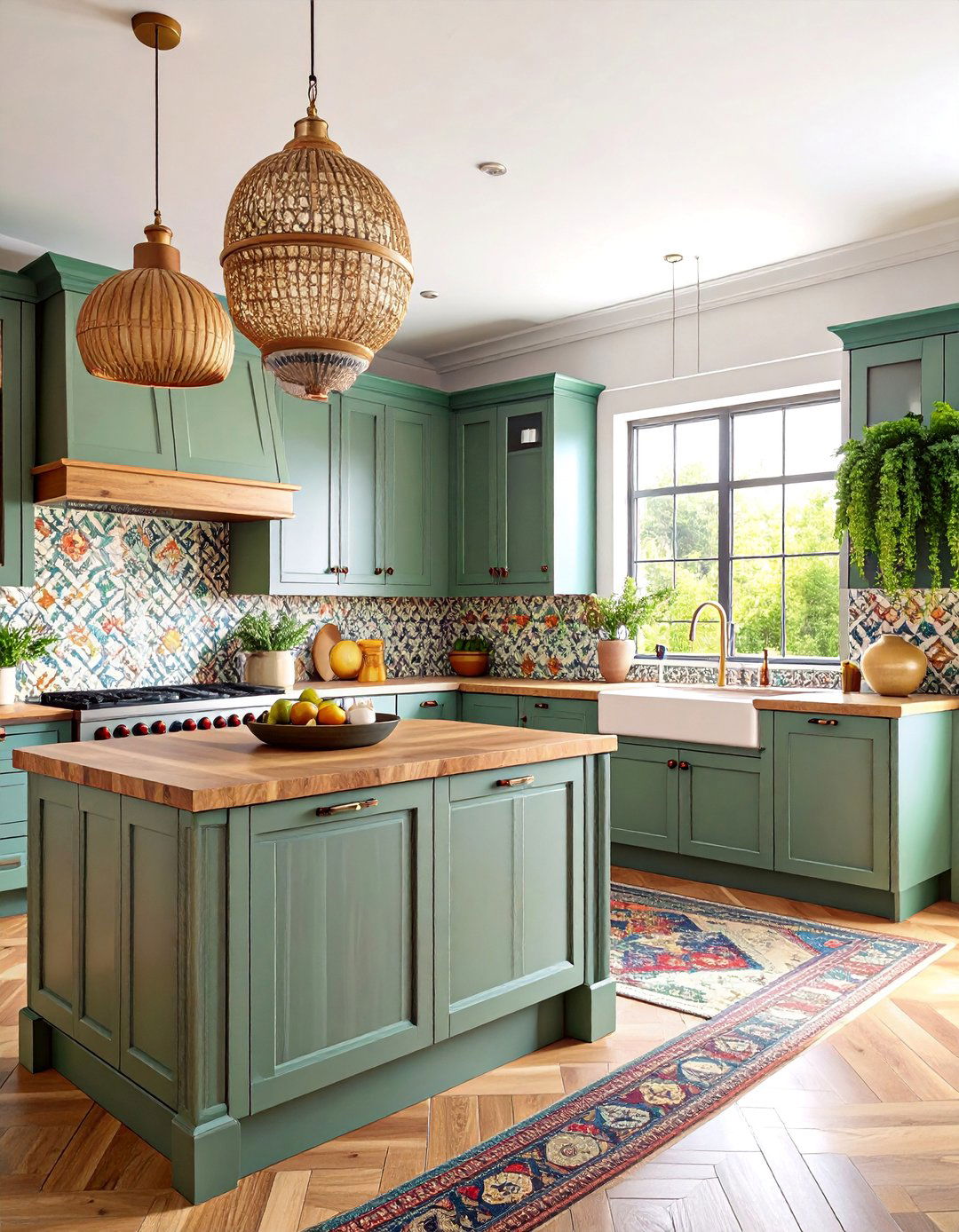 Eclectic Maximalist Sage Green Kitchen with Exotic Wood Butcher Block - 25 Sage Green Kitchen Cabinets With Butcher Block Countertops
