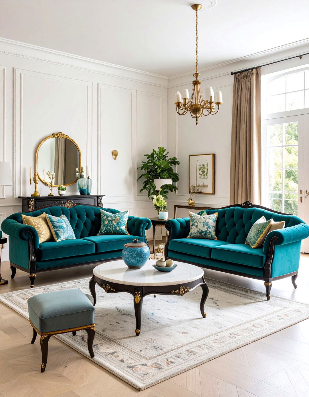 Eclectic Mix Black Antiques with Turquoise Blue Vintage Pieces - 25 Black and Blue Living Room Ideas