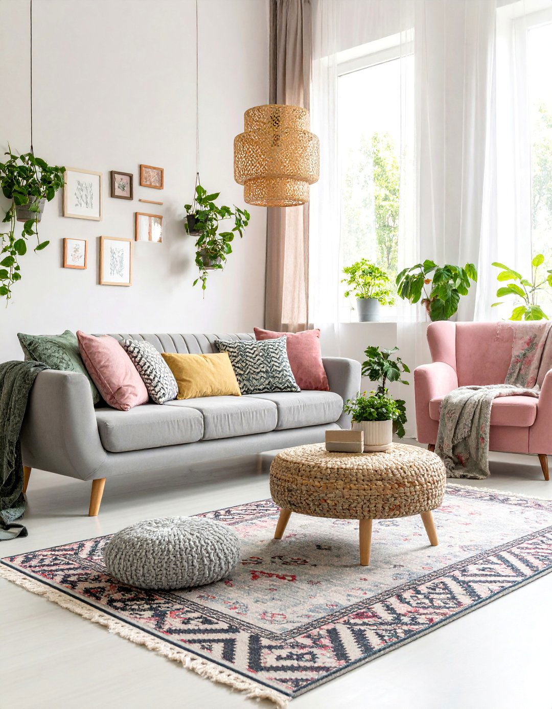 Eclectic Pink and Grey Living Room with Mixed Patterns - 25 Pink and Grey Living Room Ideas