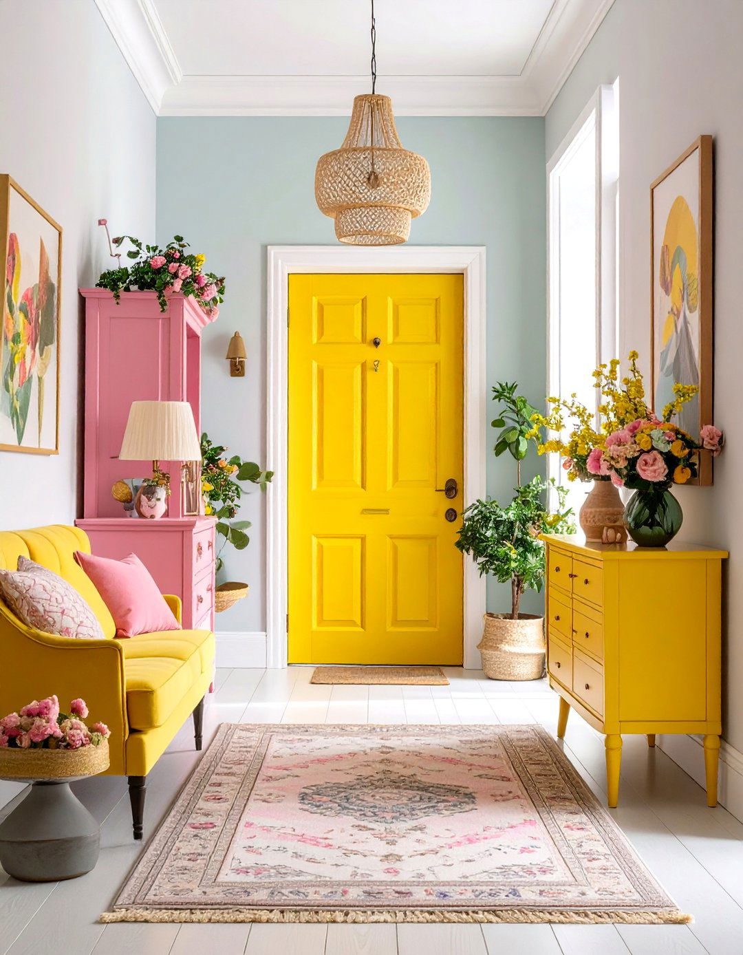 Eclectic Pink and Yellow Entryway with Mixed Vintage Pieces - 25 How to Decorate With Yellow and Pink