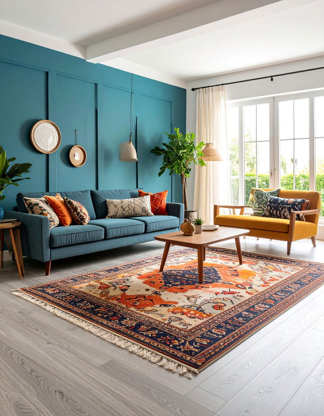Eclectic Style with Turquoise Blue Walls and Grey Luxury Vinyl Planks - 25 grey floor living room with blue walls ideas