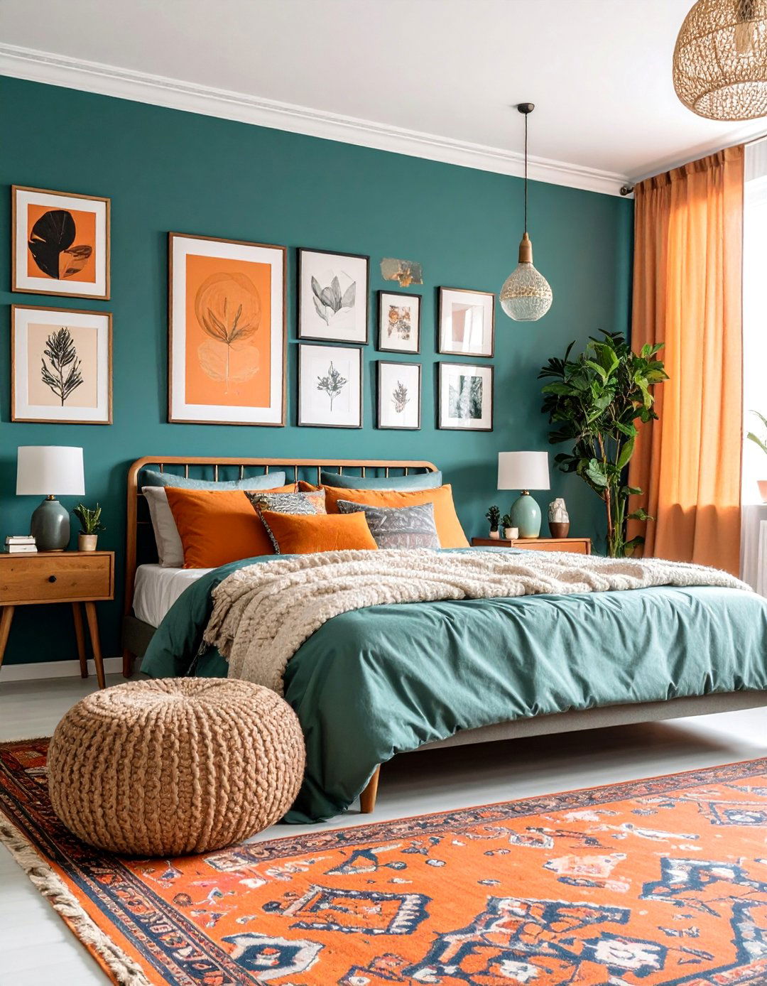 Eclectic Teal Gallery Wall with Orange Vintage Touches - 25 Teal and Orange Bedroom Ideas