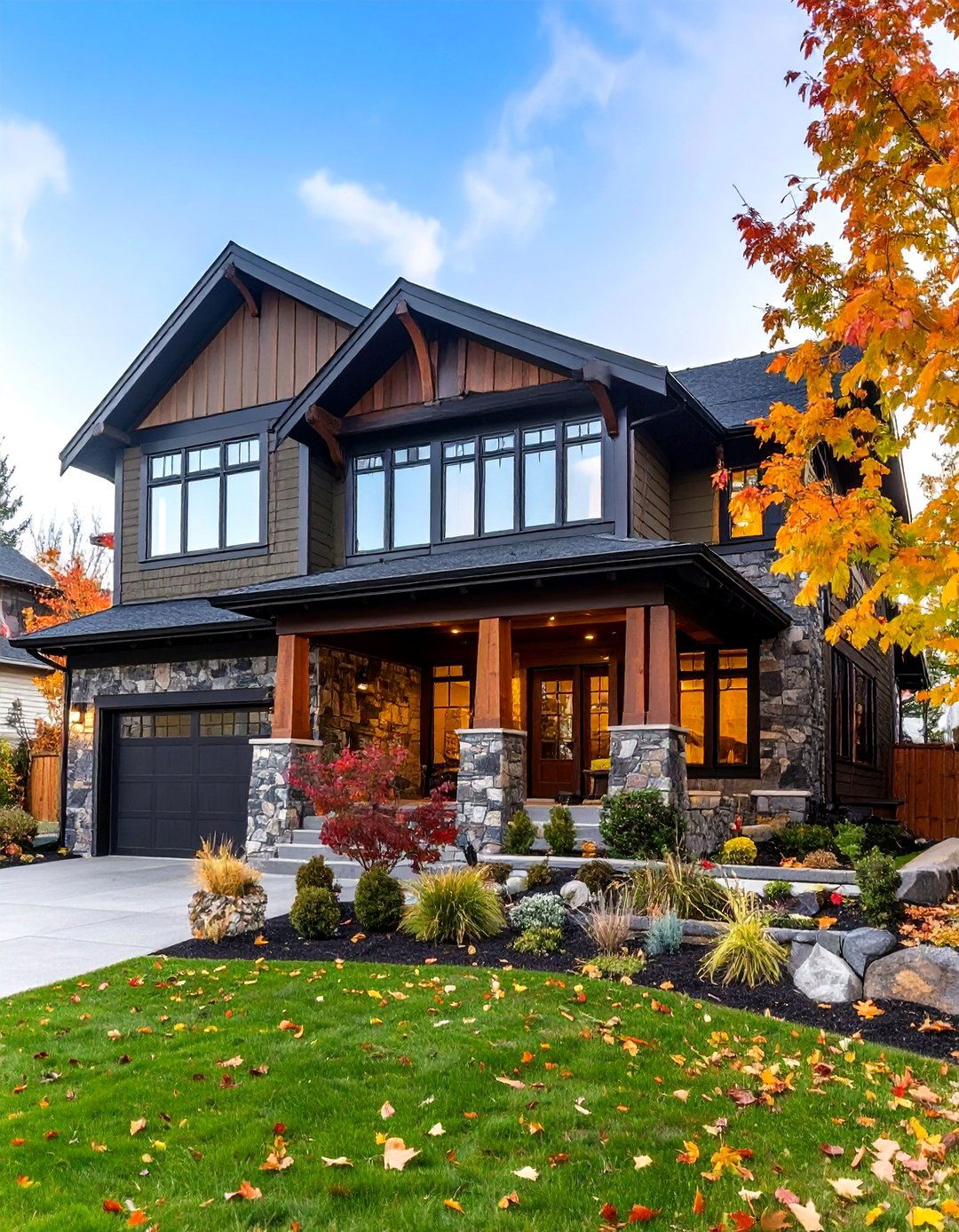 Eclectic Transitional with Mixed Material Accents - 25 Dark Olive Green House With Black Trim