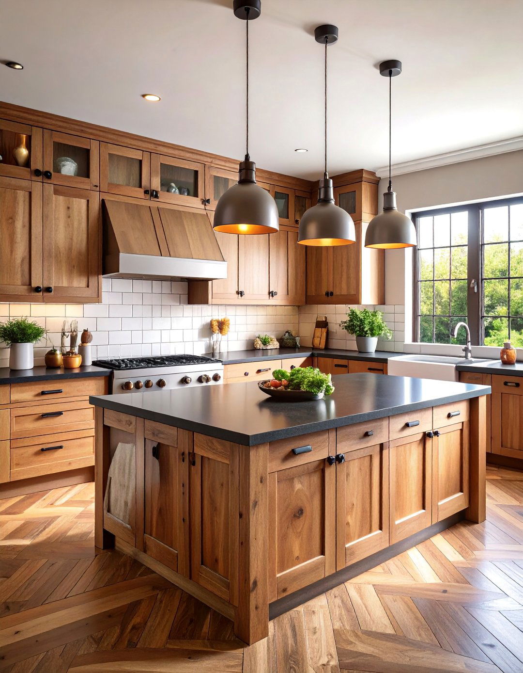 Eclectic Vintage Kitchen with Reclaimed Brown Cabinets - 25 kitchen with brown cabinets and black countertops ideas