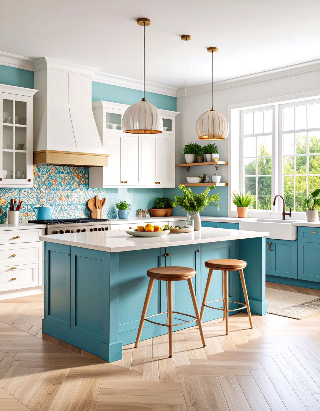 Eclectic White Cabinets with Aqua Blue Island - 25 White Kitchen Cabinets With Blue Island