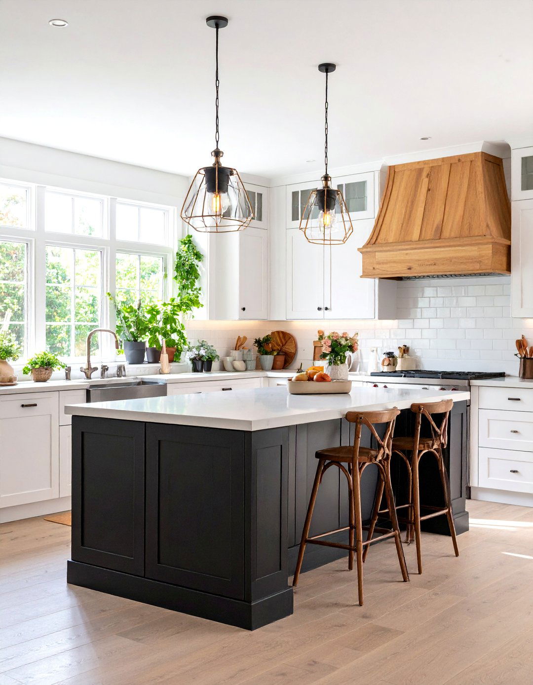 Eclectic White Kitchen with Black Island and Mixed Materials - 25 white kitchen ideas with black island