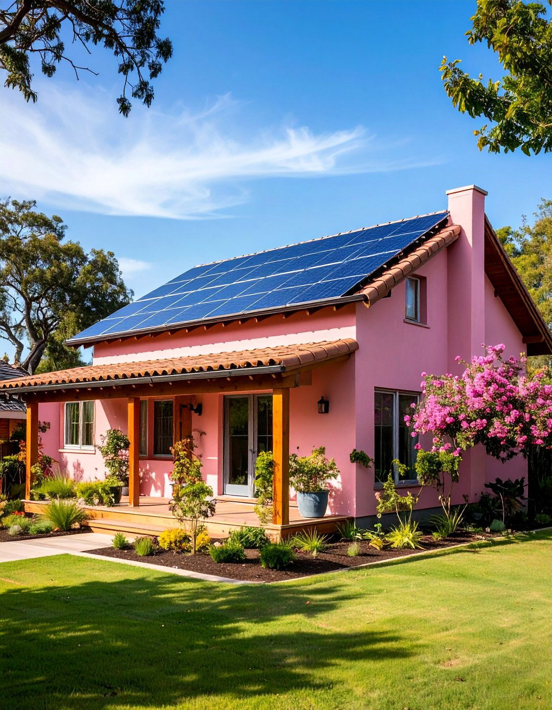 Eco Friendly Claywash Pink House Exterior with Solar Panels - 25 Pink House Exterior Ideas
