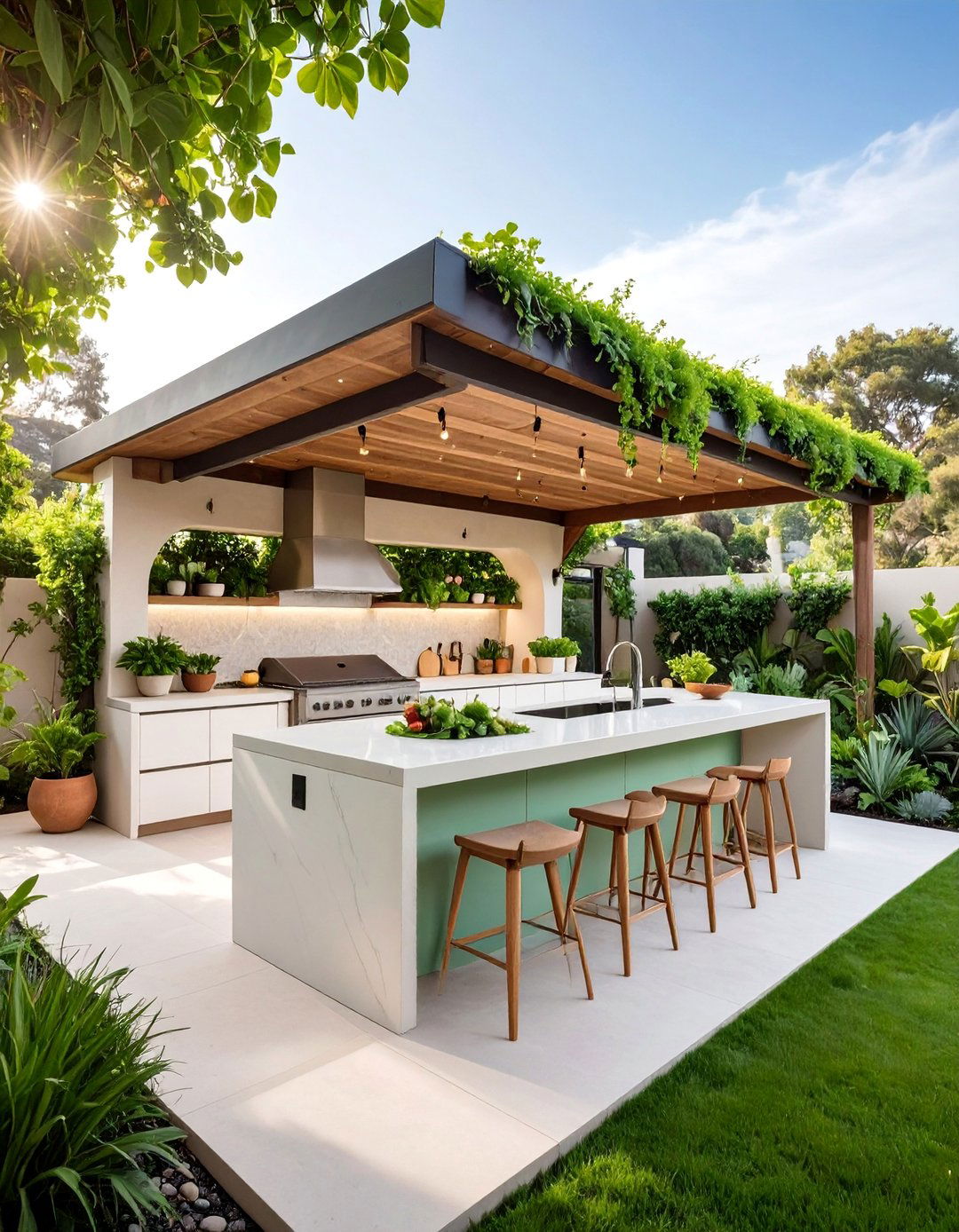 Eco Friendly Stucco Outdoor Kitchen with Green Roof - 25 Stucco Outdoor Kitchen Ideas