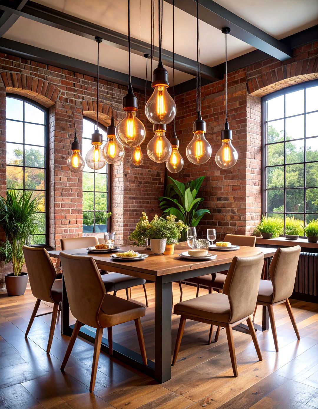 Edison Bulb Chandelier Dining Area with Raw Materials - 25 Industrial Decor Ideas