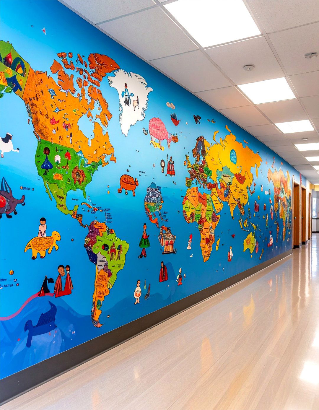 Educational World Map Mural with Cultural Elements - 25 School Mural Ideas