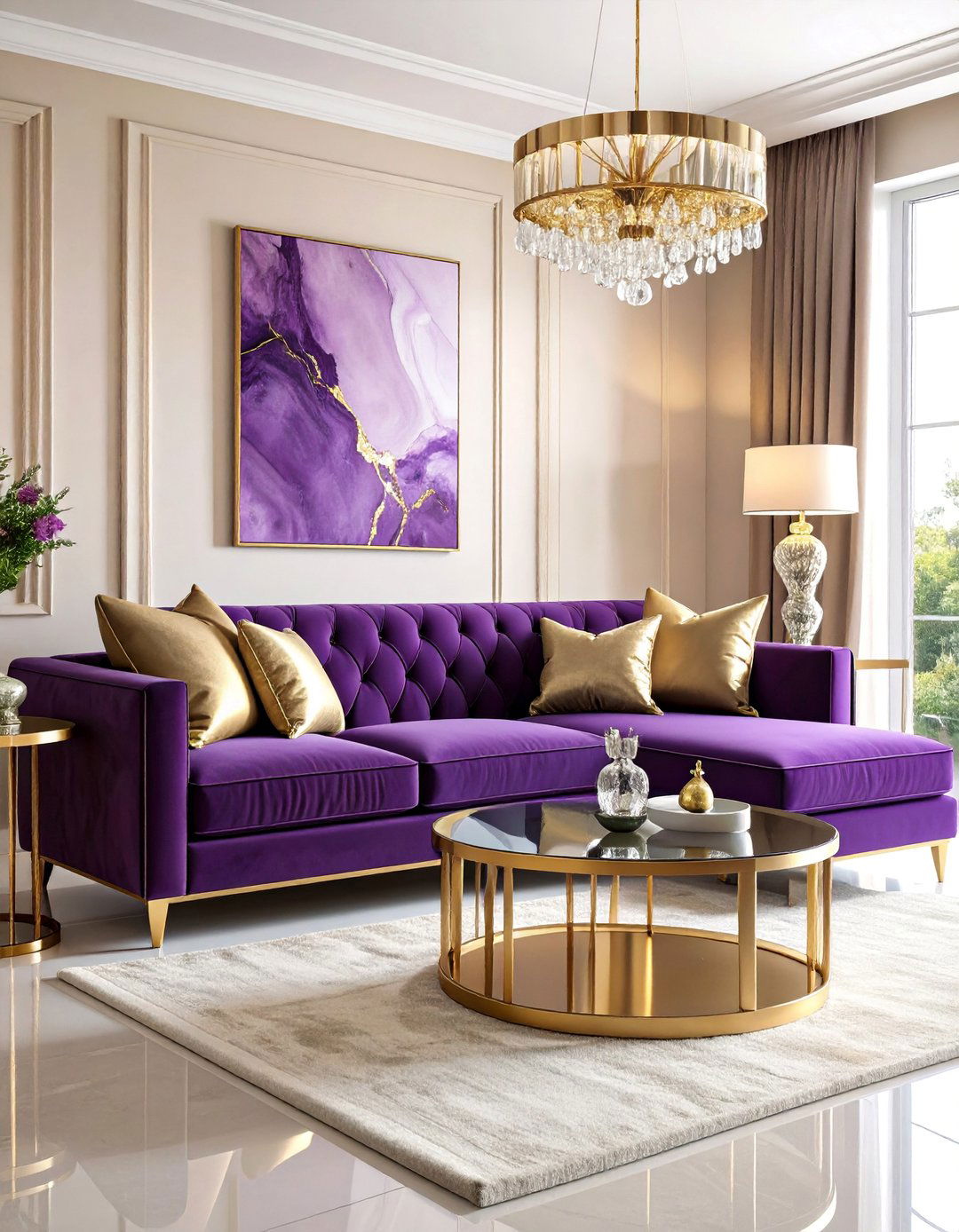 Eggplant Velvet Statement Sofa Living Room - 25 Purple Living Room Ideas