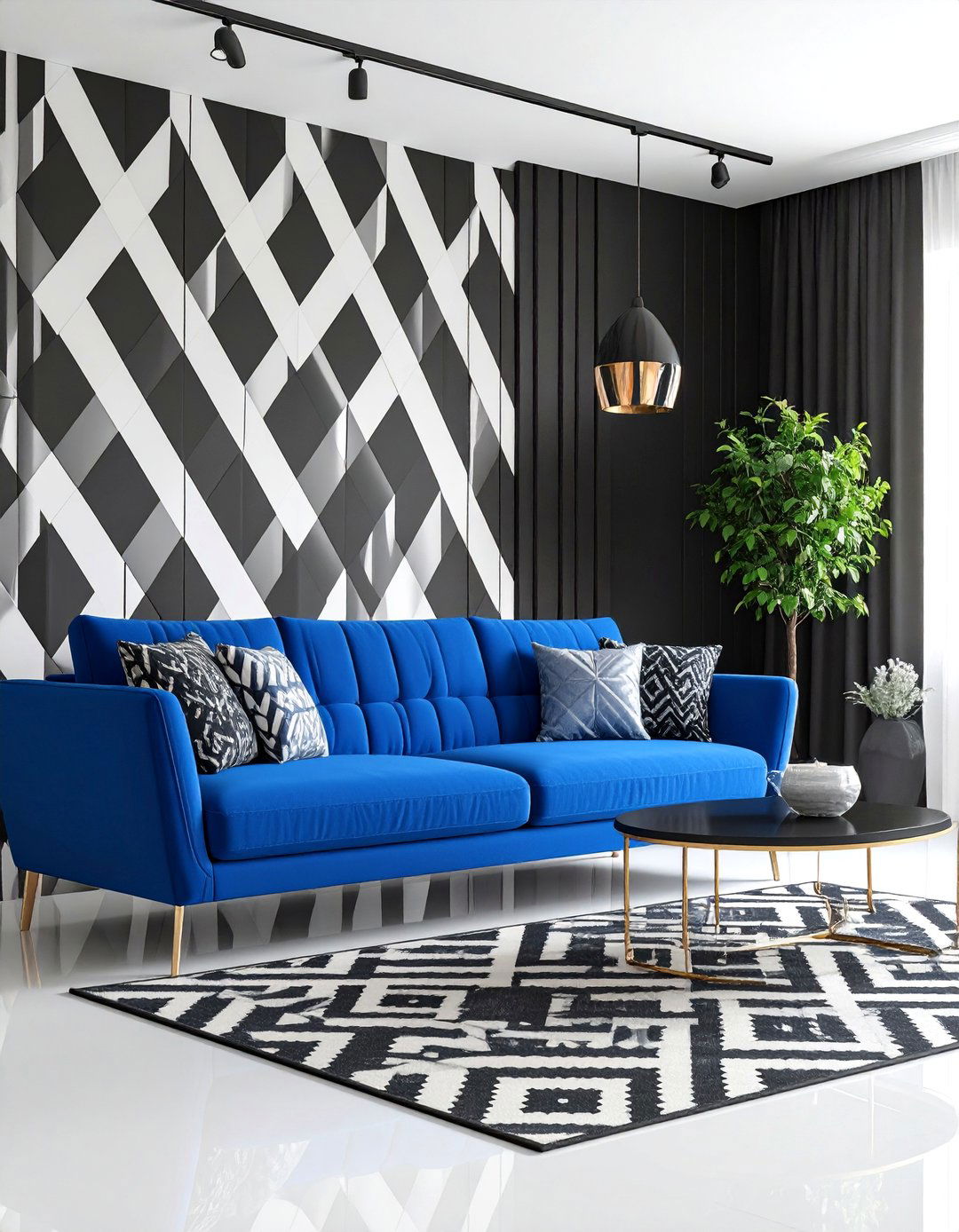 Electric Blue Sofa with High Contrast Black and White - 25 Blue Couch Living Room Ideas