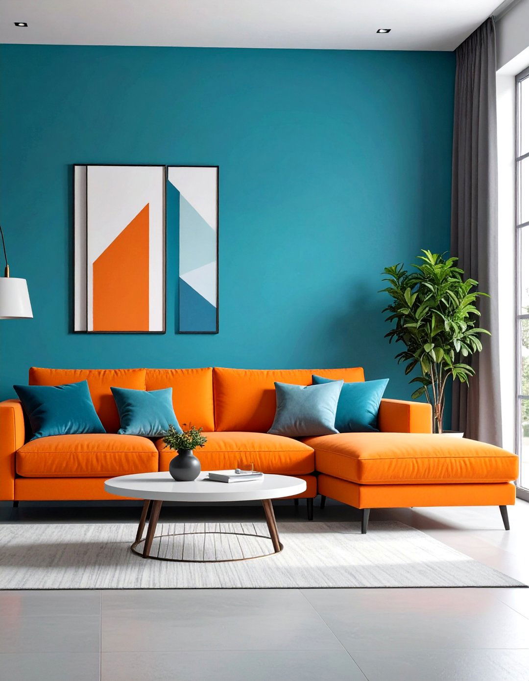 Electric Blue and Vibrant Orange Contemporary Accent Wall - 25 orange and blue living room ideas