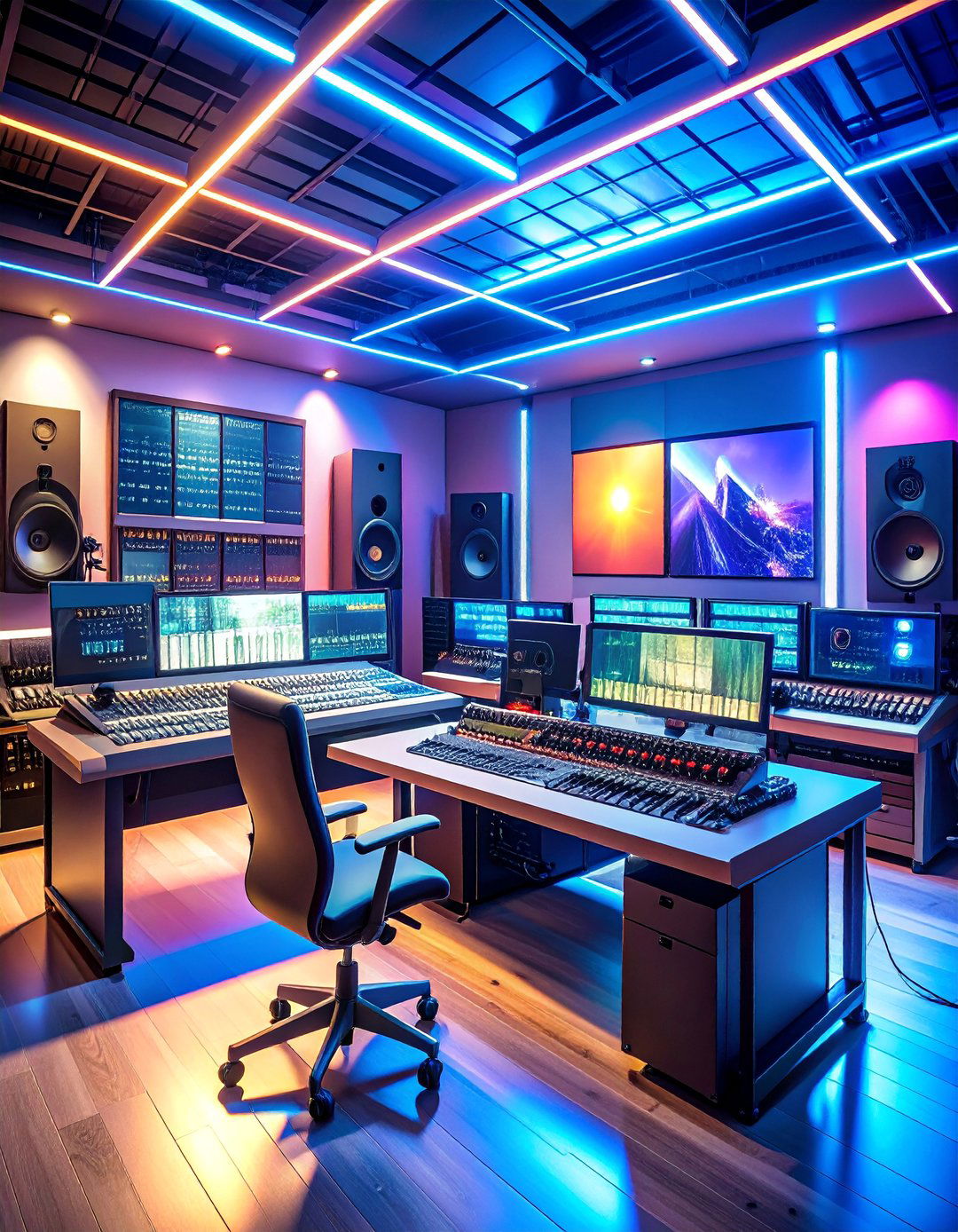 Electronic Music Production Lab with LED Ambiance - 25 Music Room Ideas