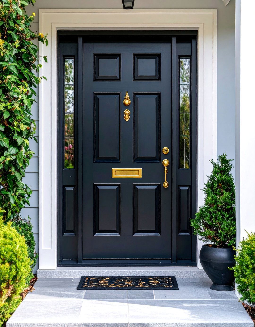 Elegant Black Door with Brass Kickplate and Mail Slot - 25 Black Front Door Ideas