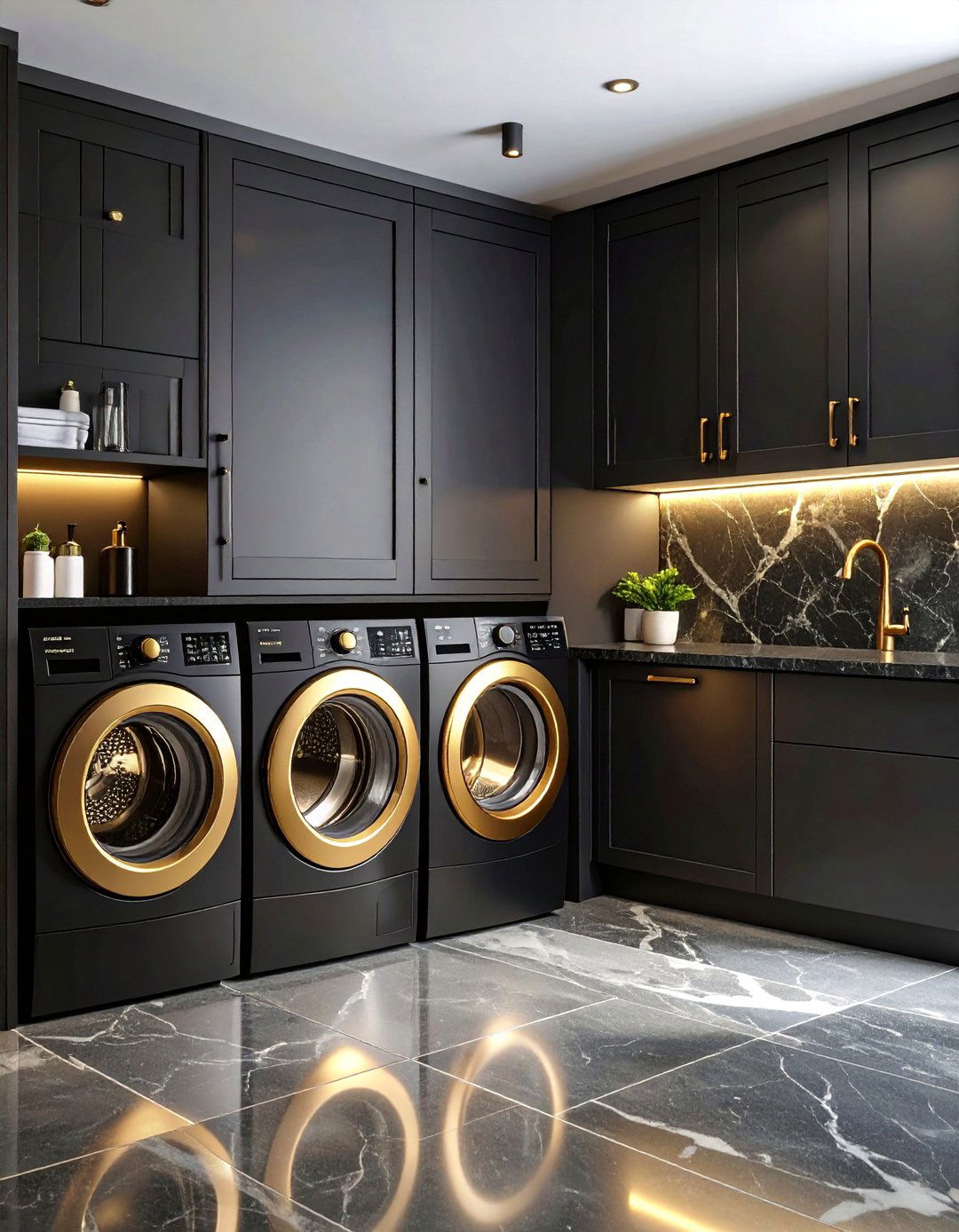 Elegant Black and Gold Stackable Laundry Design - 25 Stackable Laundry Room Ideas