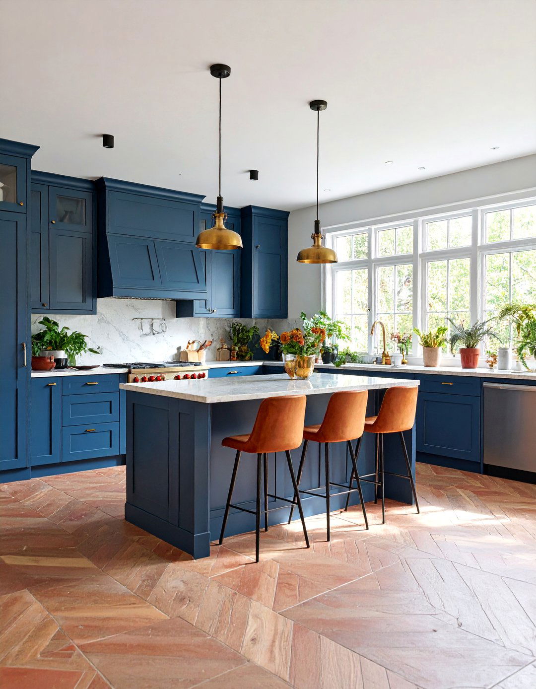 Elegant Gray Washed Terracotta Kitchen Floor with Brass Accents - 25 Terracotta Kitchen Floor Ideas