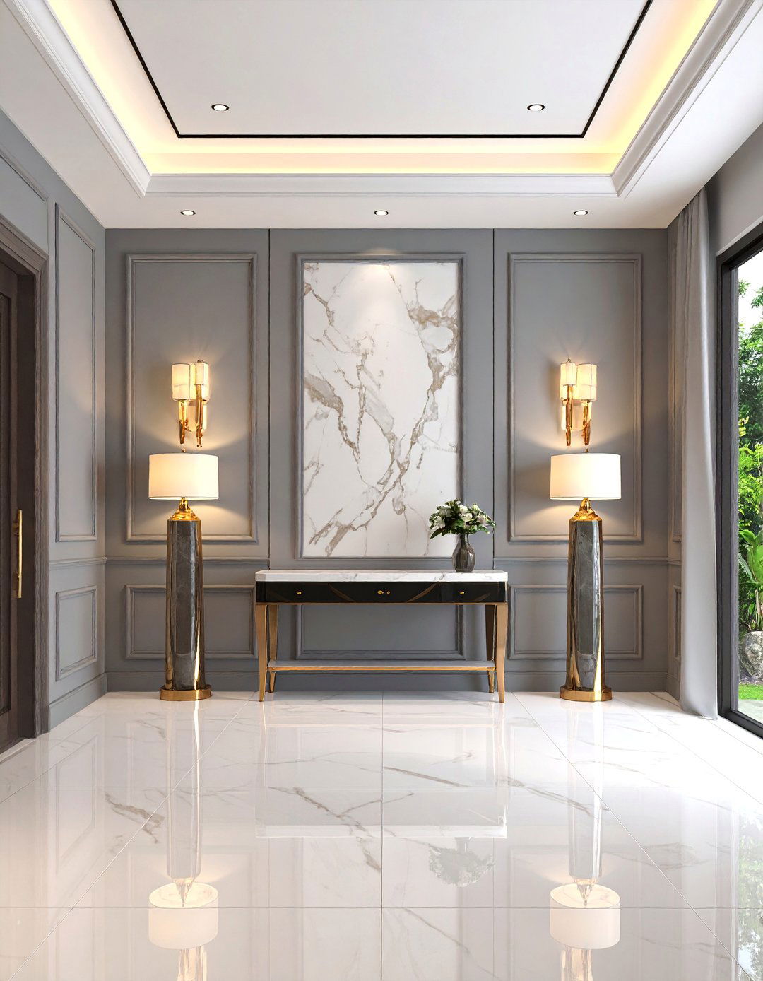 Elegant Half Wall Wainscoting Entryway with Marble Accents - 25 Wainscoting Entryway Ideas