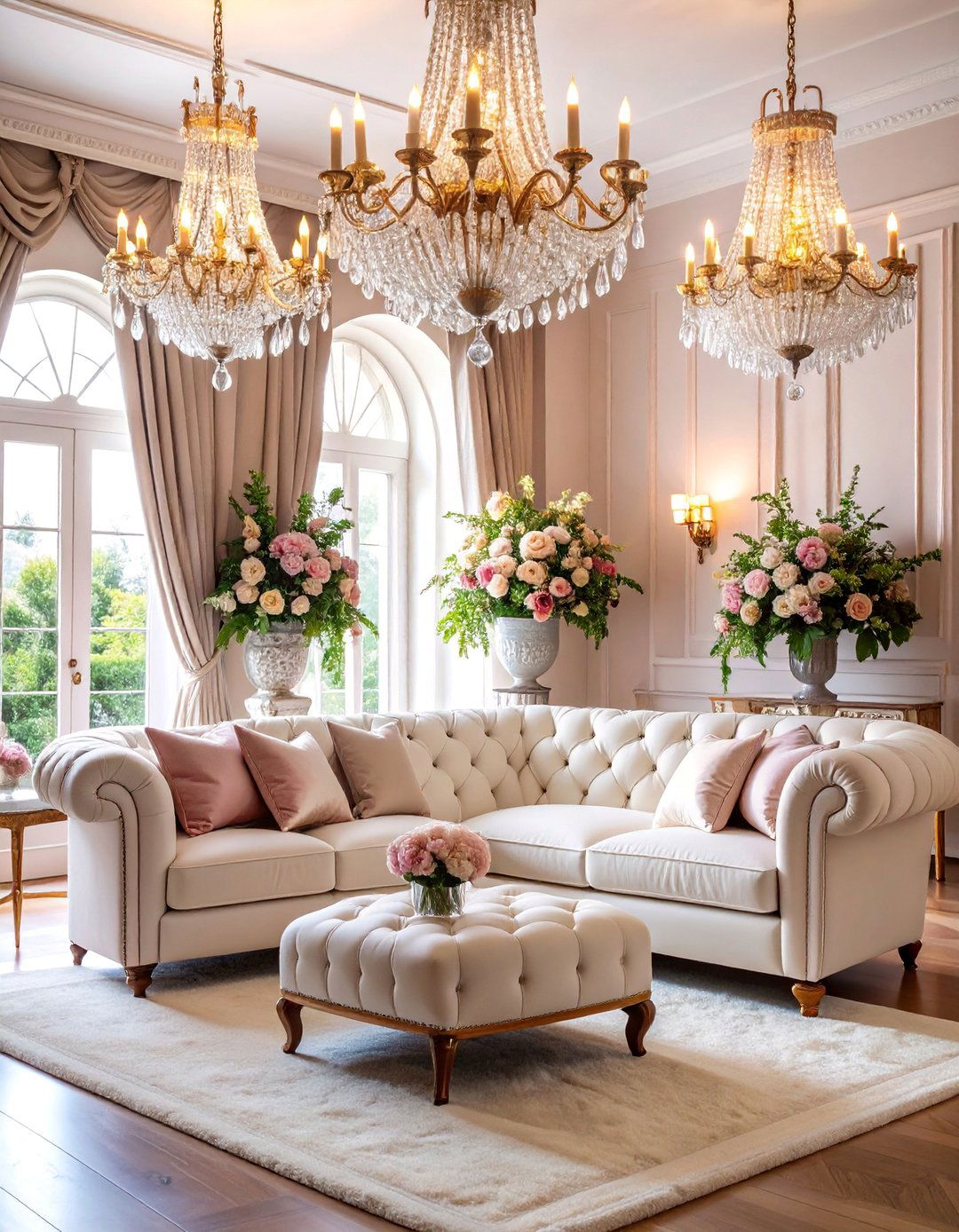 Elegant Hamptons Living Room with Crystal Chandeliers - 25 Hamptons Living Room Ideas