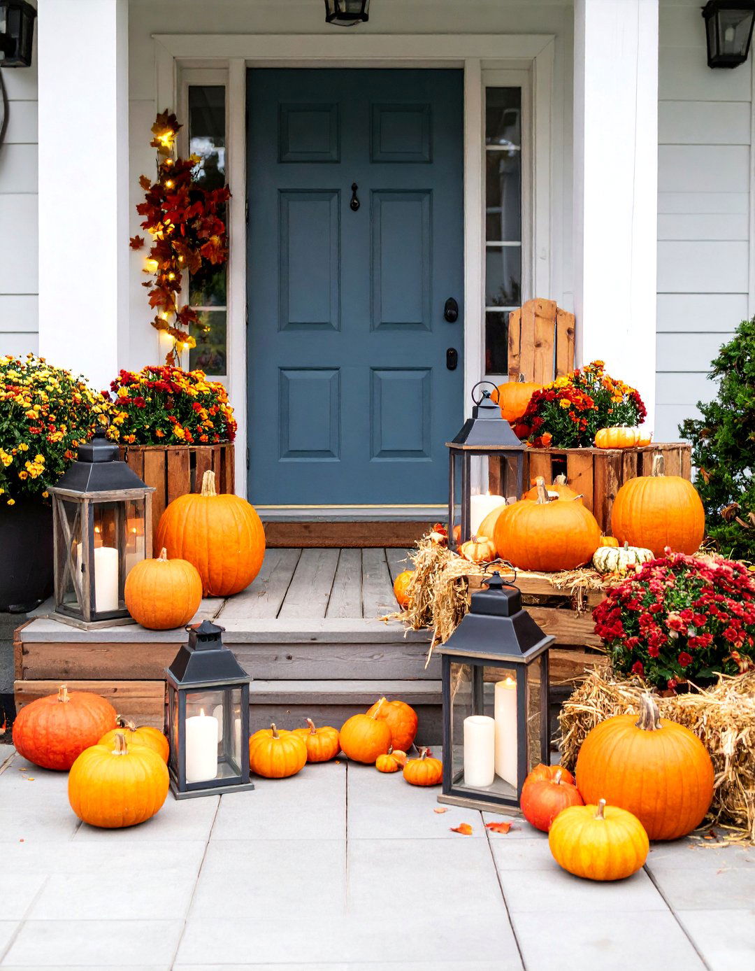 Elegant Lantern and Candle Display - 25 Front Door Fall Decor Ideas