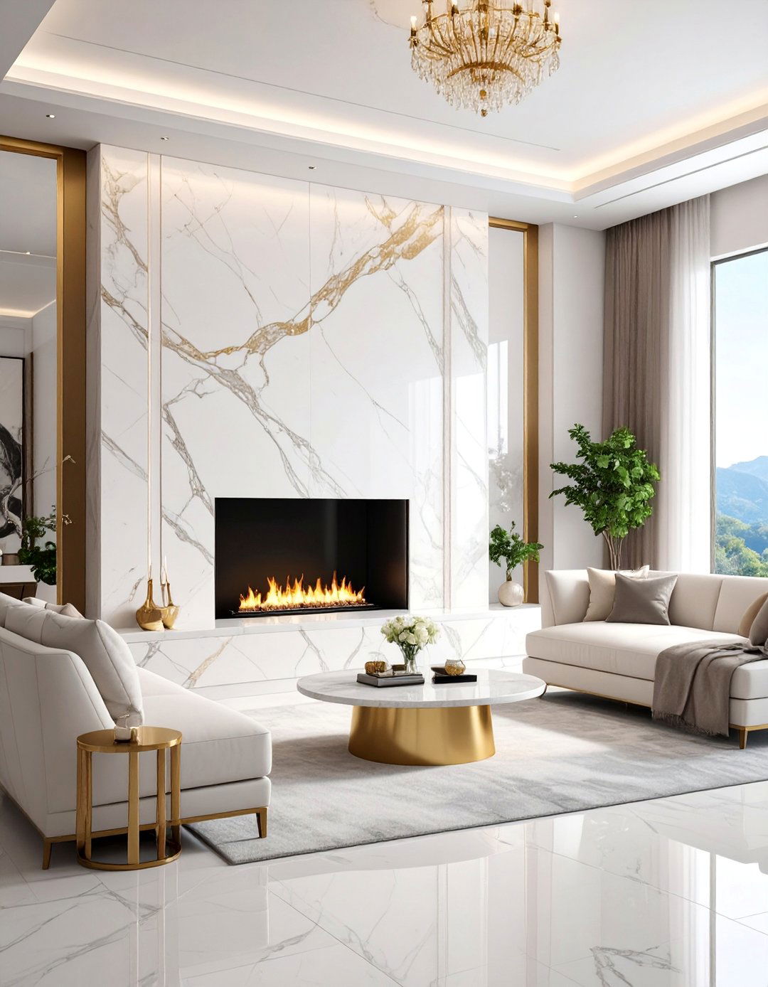 Elegant Marble Luxury Wall Installation - 25 Electric Fireplace Ideas With Tv Above