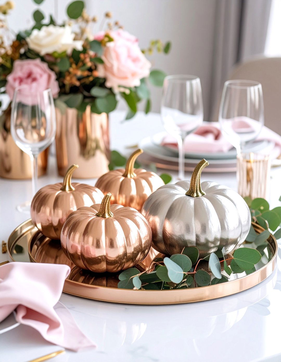Elegant Metallic Pumpkin Display - 25 Thanksgiving Centerpiece Ideas