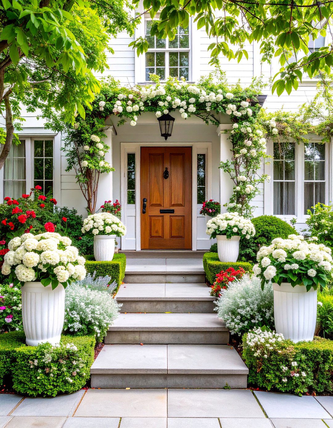 Elegant Monochromatic White Garden - 25 Summer Front Door Decor Ideas