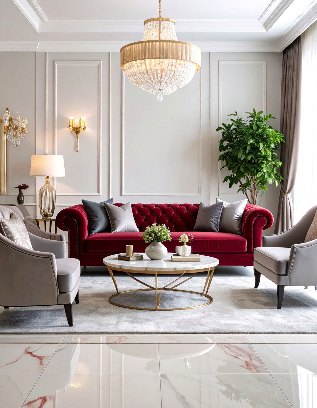 Elegant Red Velvet and Grey Silk Living Room - 25 Red and Grey Living Room Ideas