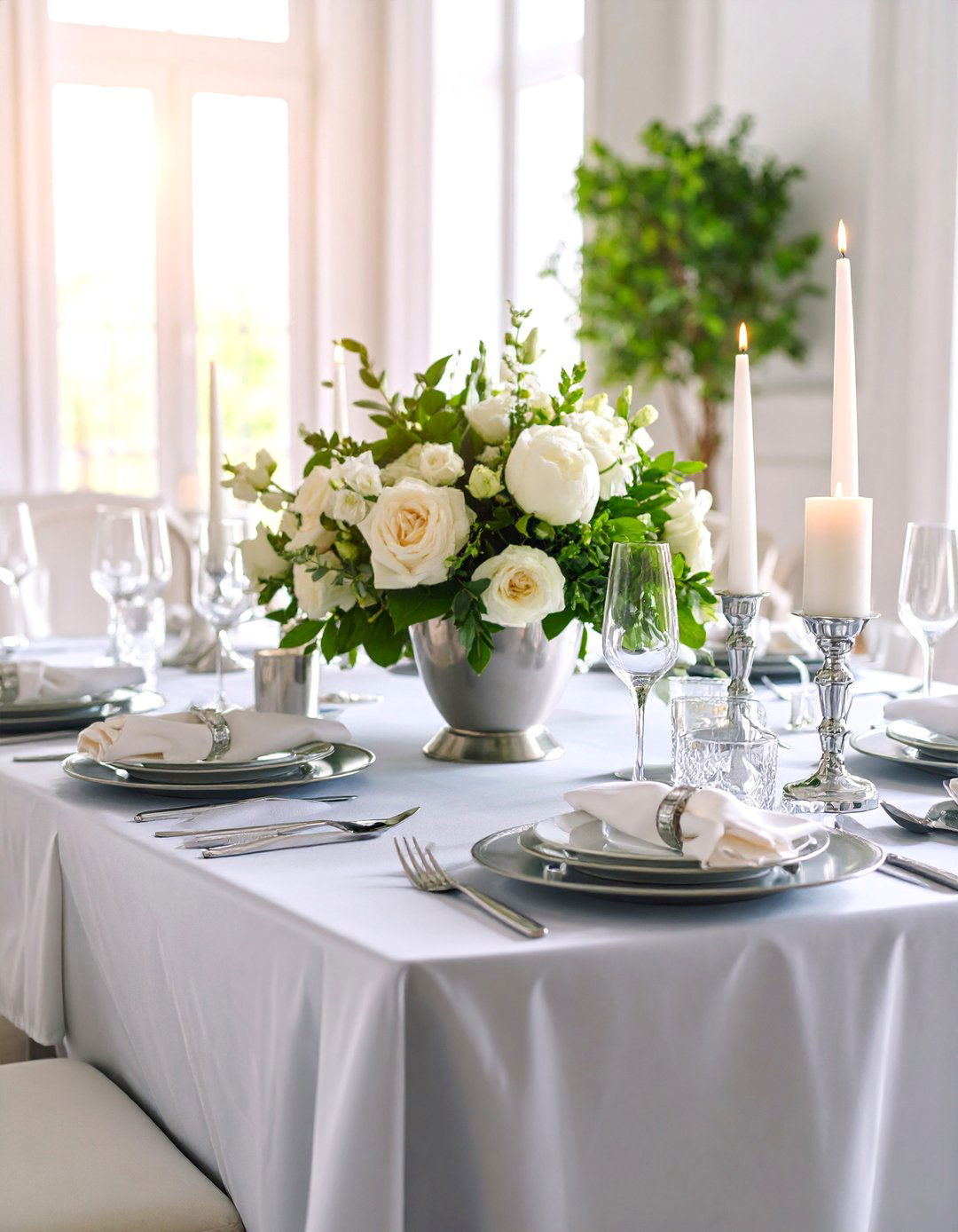 Elegant Silver Dining Room Table Service Display - 25 Dining Room Table Decor Ideas