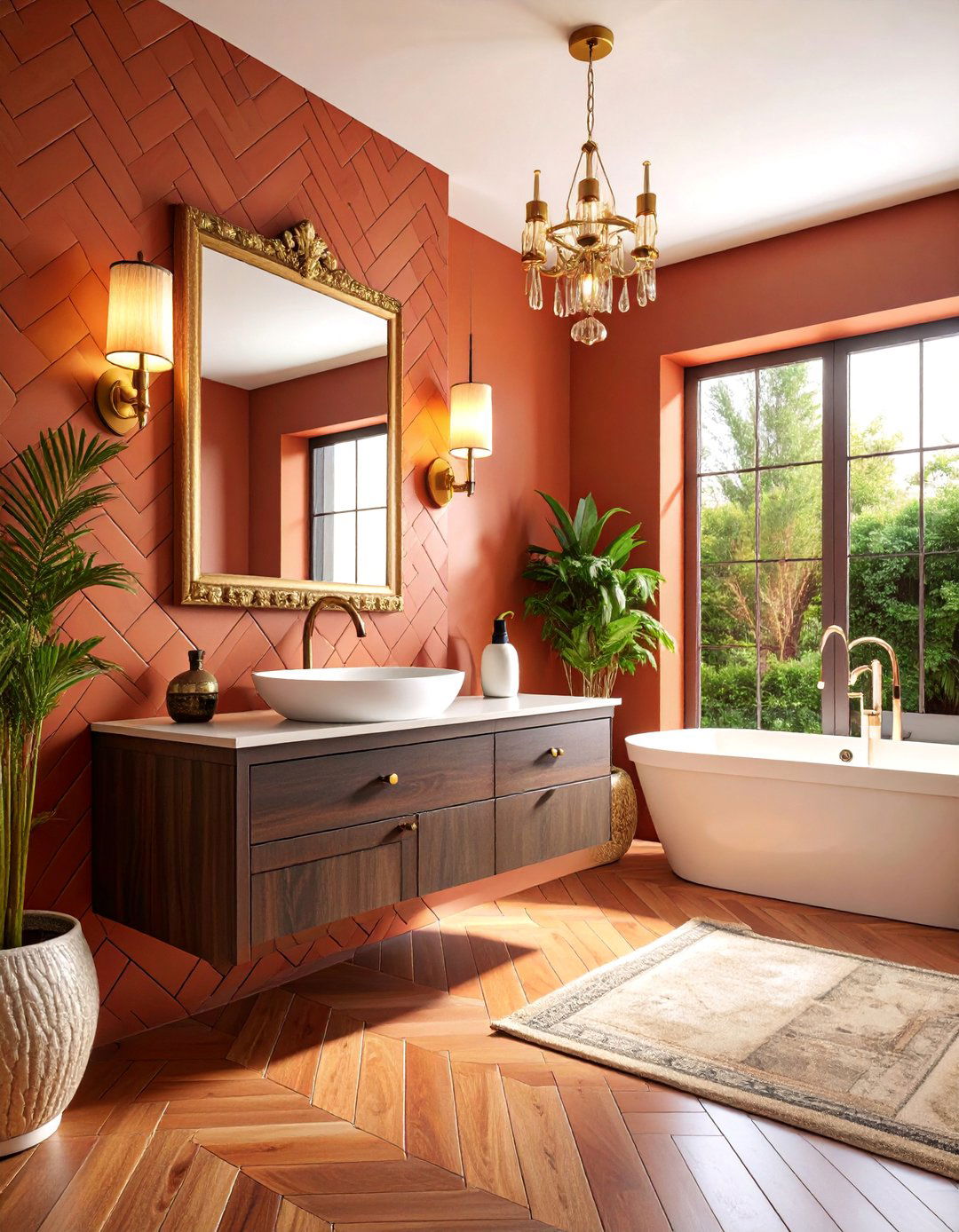 Elegant Terracotta Powder Room with Dramatic Lighting - 25 terracotta home decor ideas