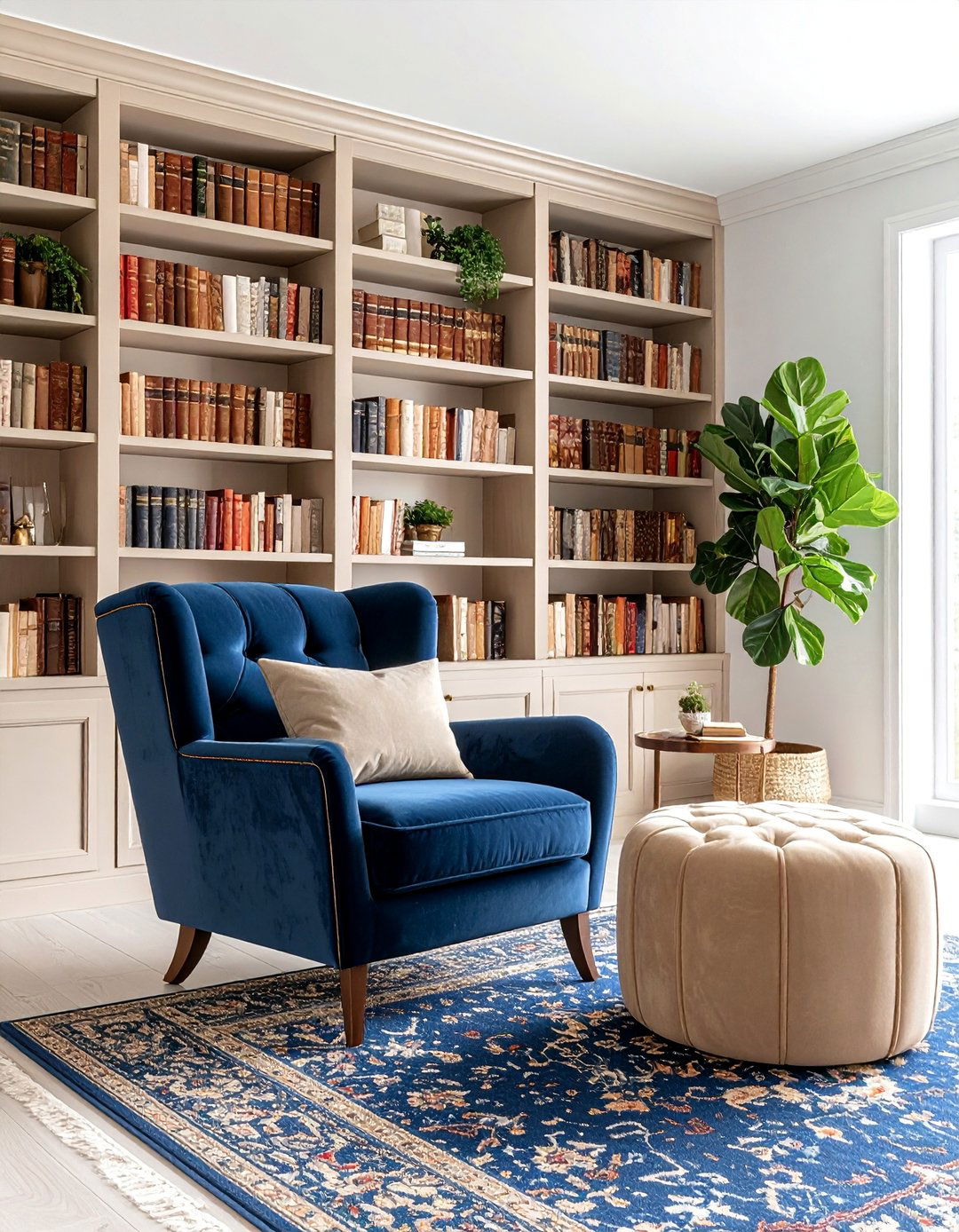 Elegant Traditional Blue and Beige Library Corner - 25 blue and beige living room ideas