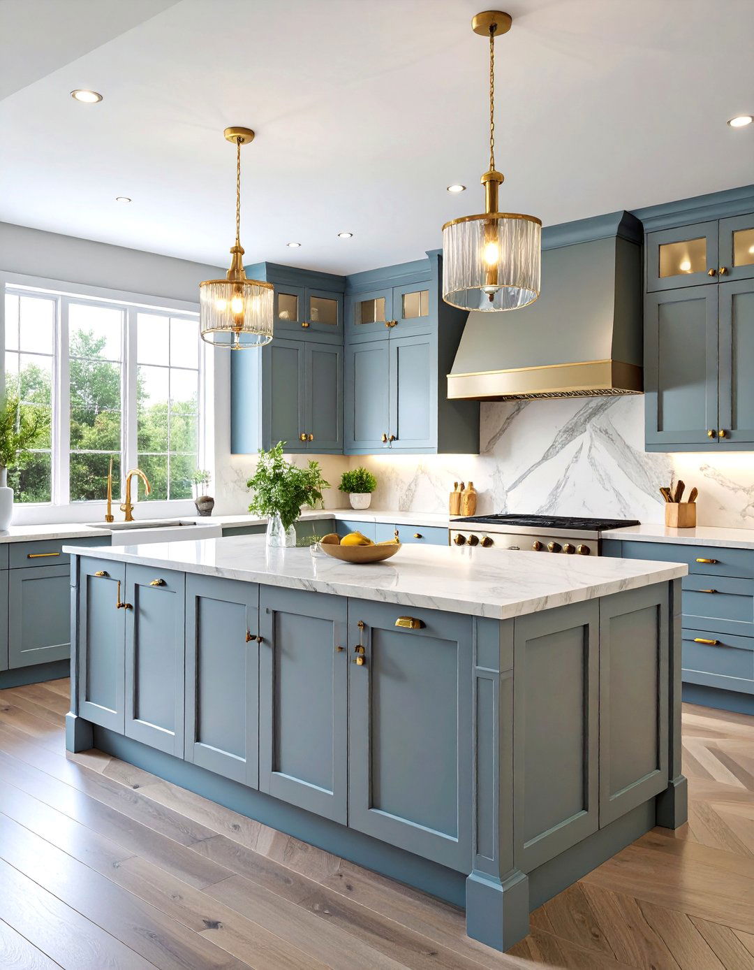 Elegant Transitional Kitchen with Dove Grey Cabinets and Calacatta Marble - 25 Grey and White Kitchen Designs