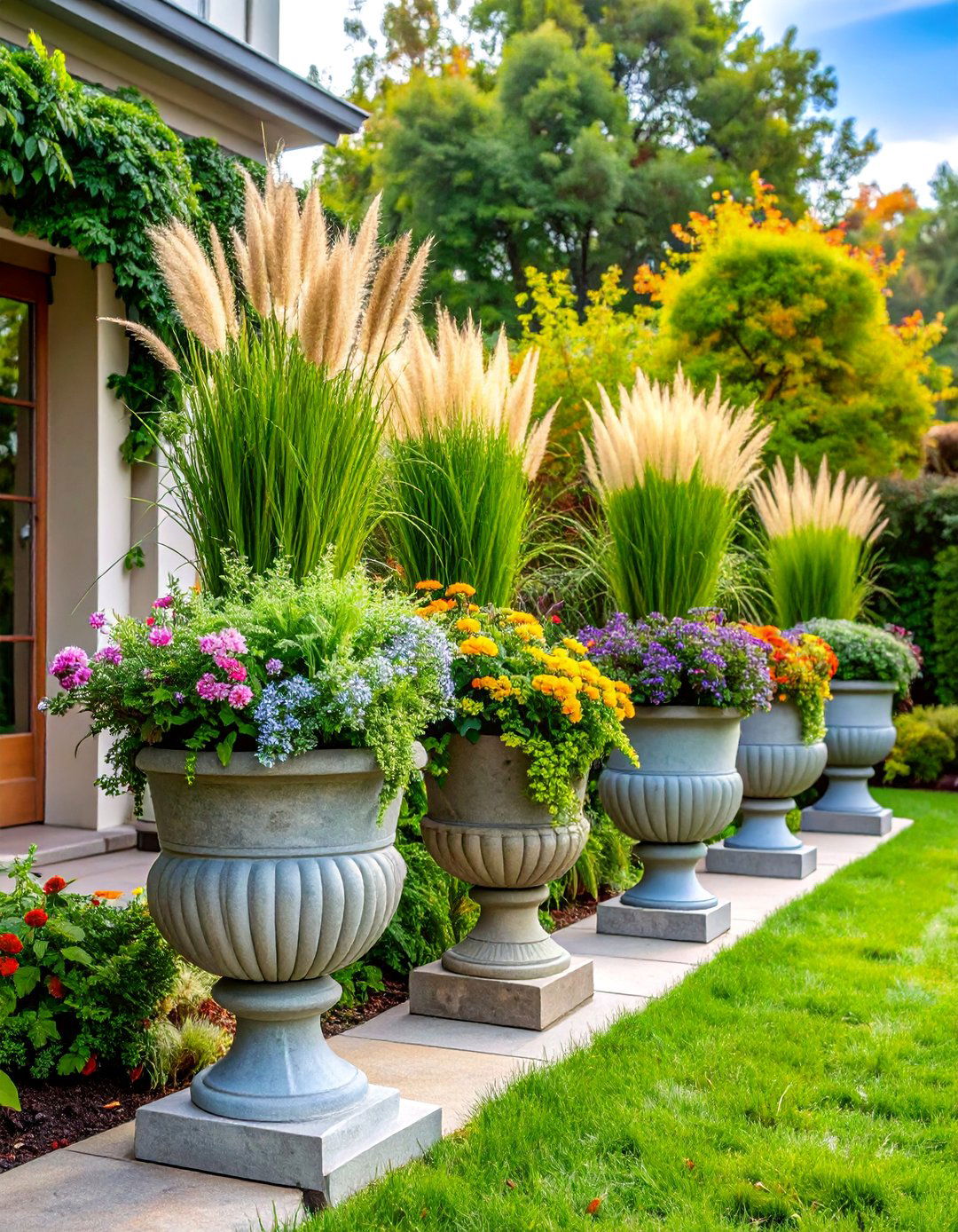 Elegant Urn Planters with Ornamental Grasses - 25 fall outdoor decorating ideas