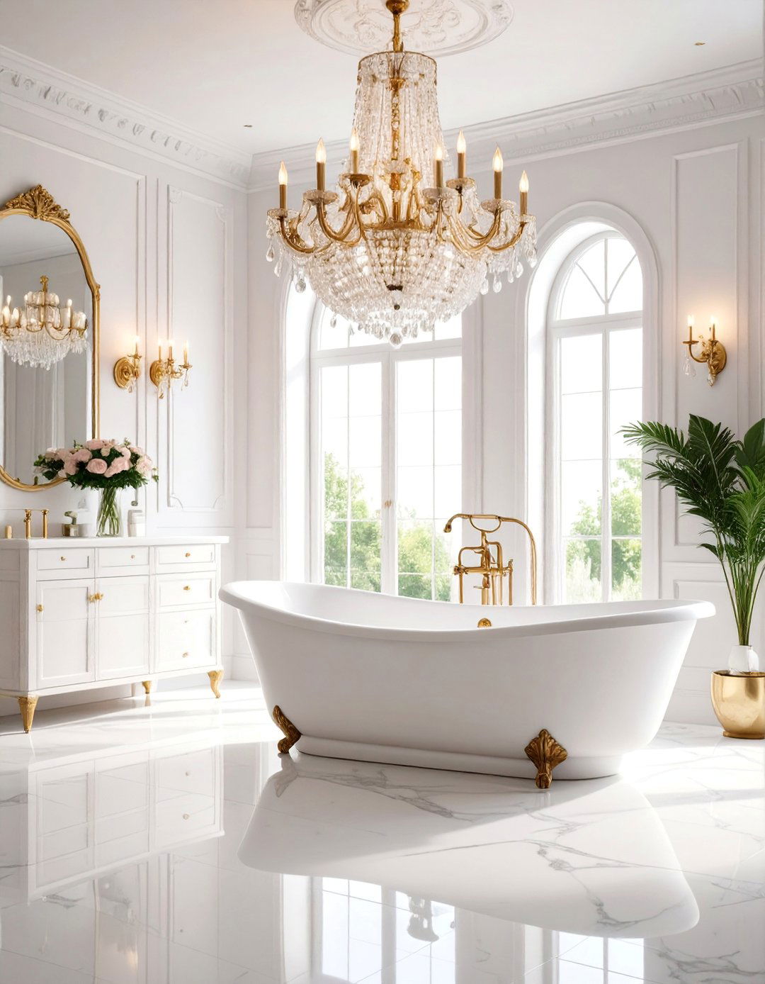Elegant White Bathroom with Crystal Chandeliers - 25 White Bathroom Ideas