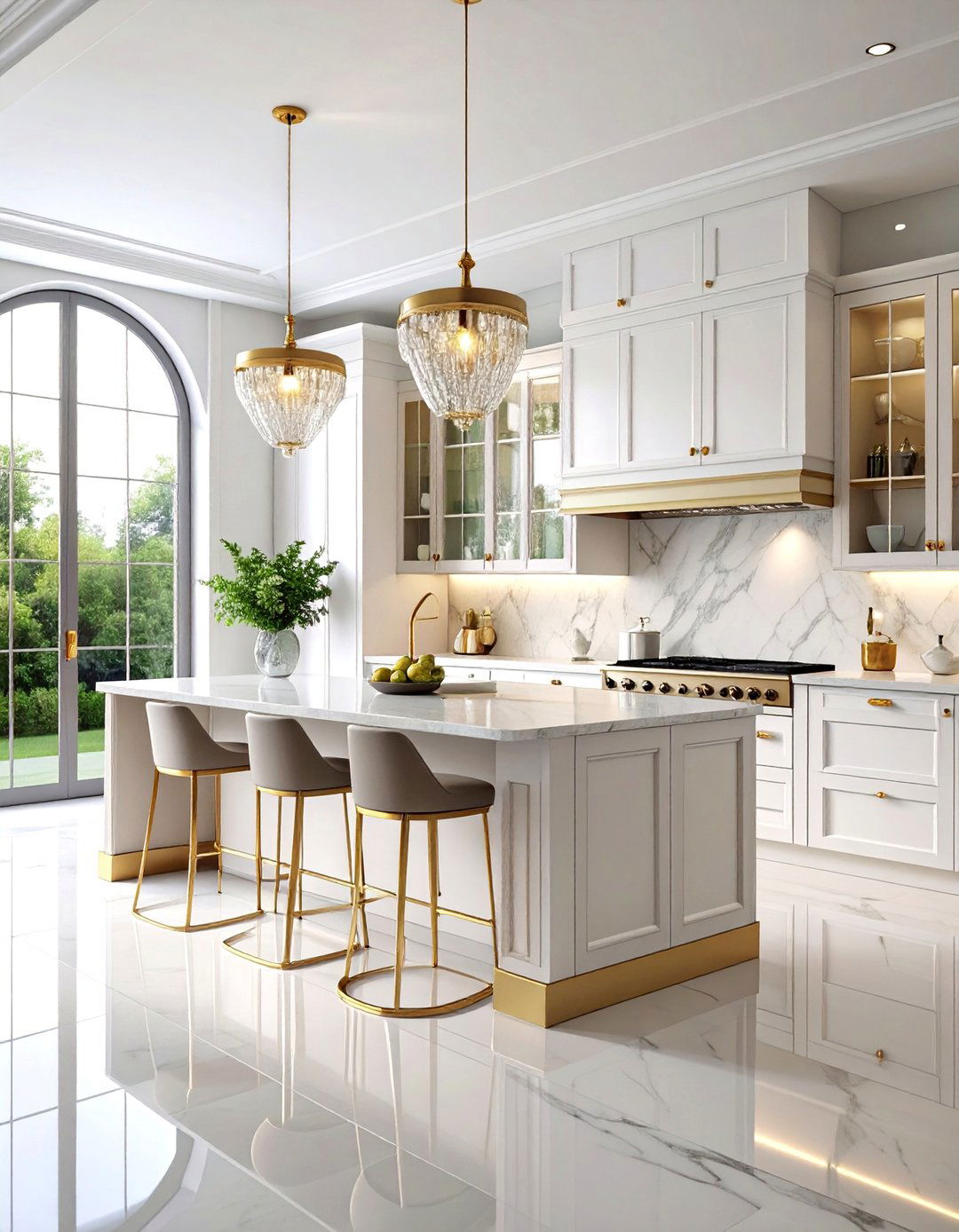 Elegant White Kitchen with Gold Framed Glass Cabinets - 25 White and Gold Kitchen Ideas