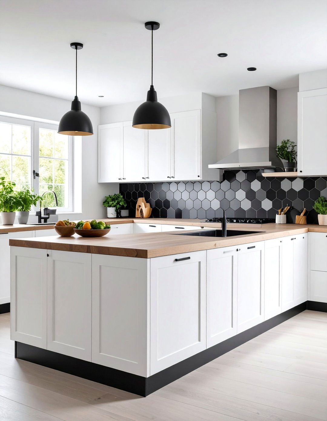 Elongated Hexagon Kitchen Backsplash with Modern Geometry - 25 Black and White Kitchen Backsplash Ideas