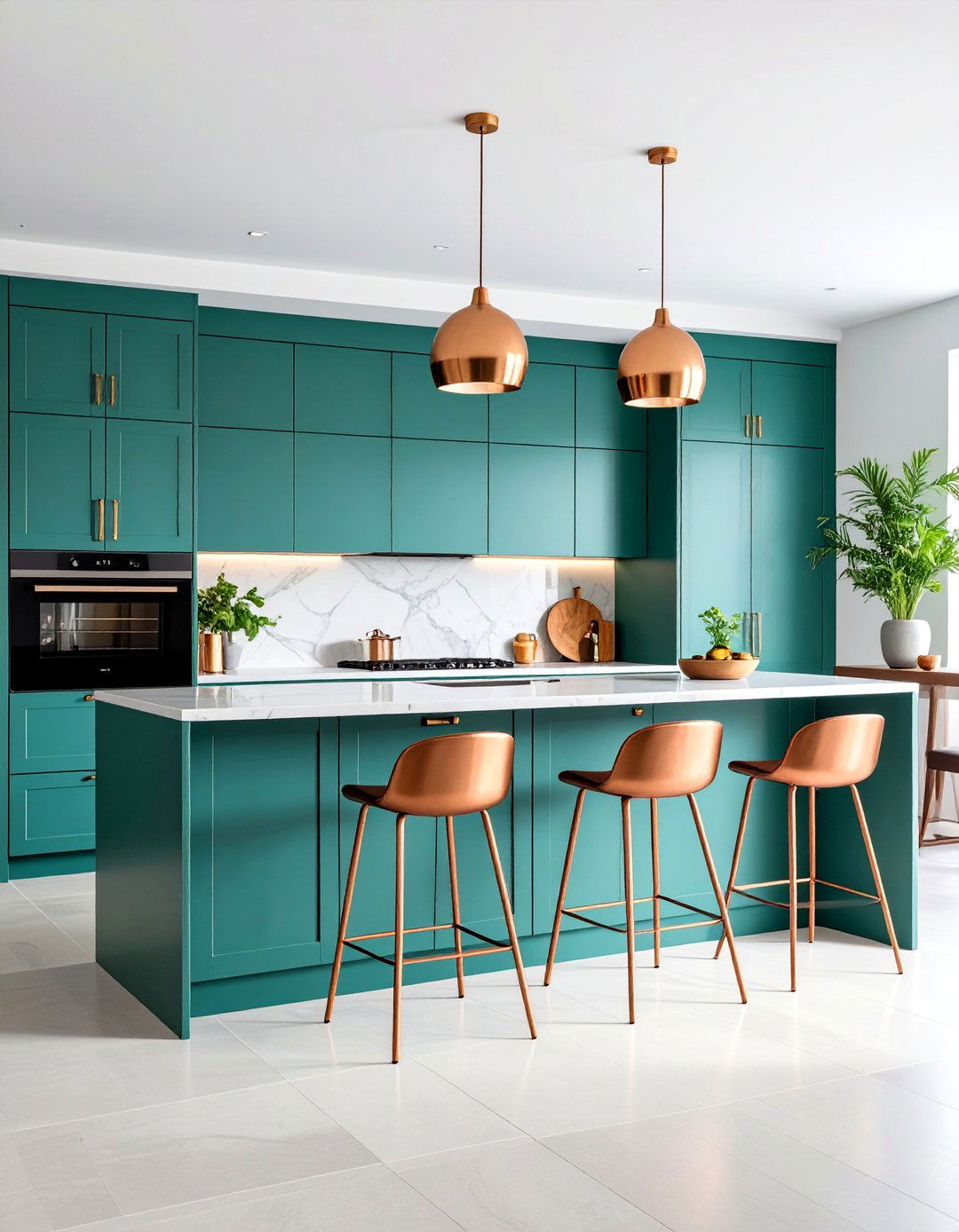 Emerald Cabinets with Copper Bar Stools - 25 Green and Copper Kitchen Ideas
