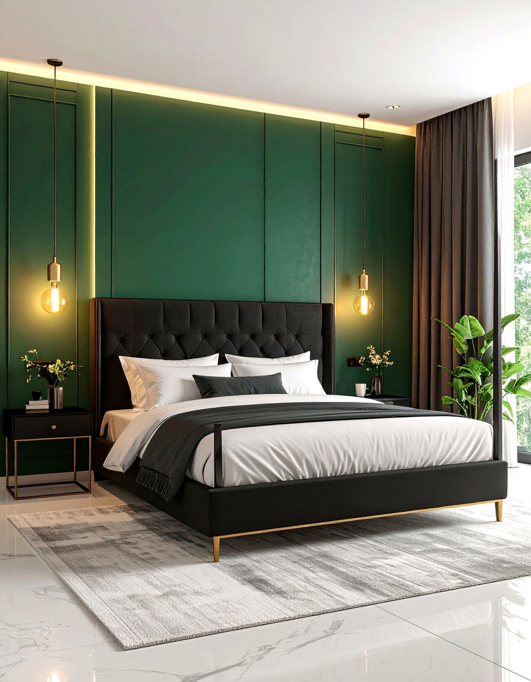Emerald Green Accent Wall with Black Four Poster Bed - 25 Black and Green Bedroom Design Ideas