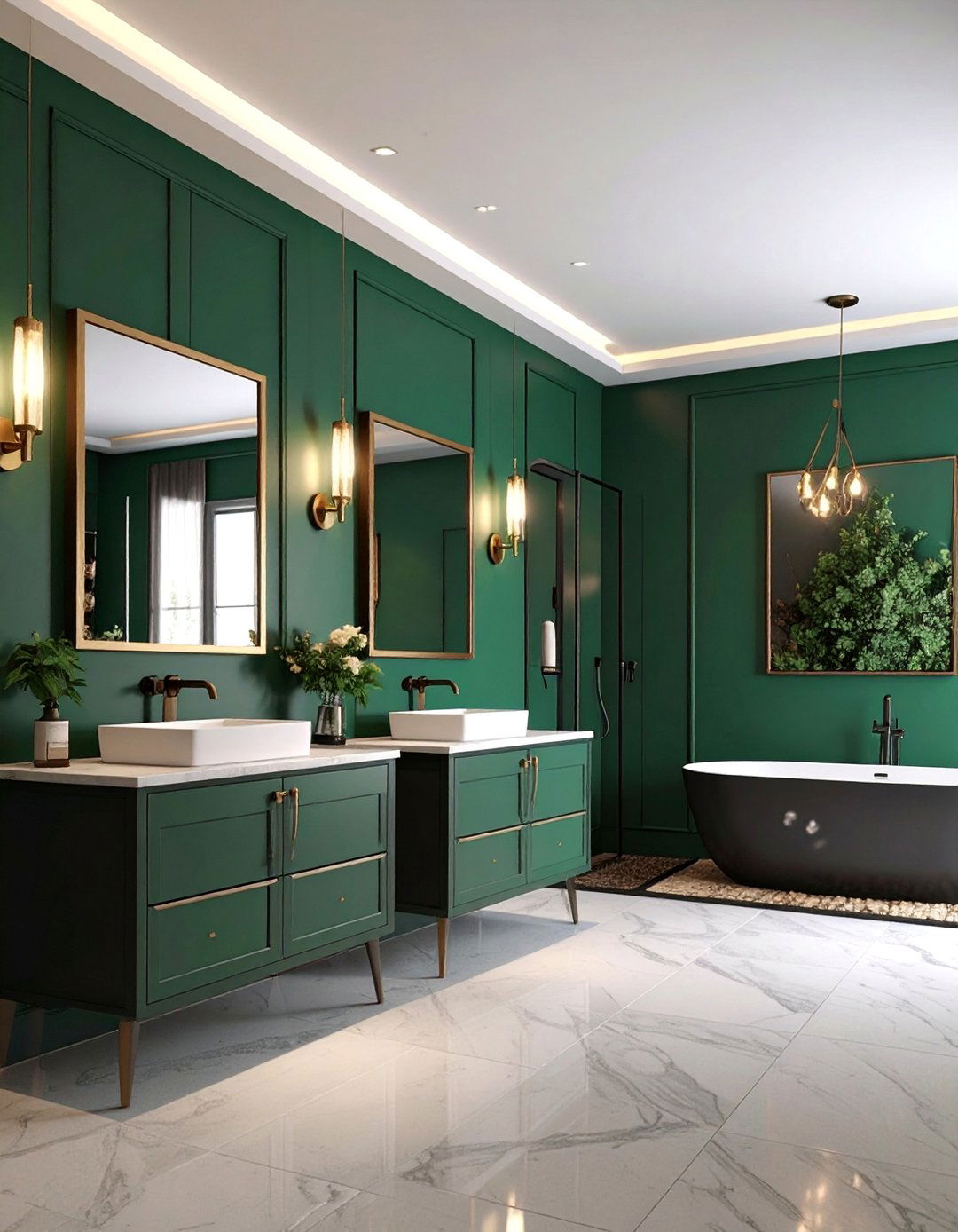 Emerald Green Accent Wall with Black Frame Art - 25 Black and Green Bathroom Ideas