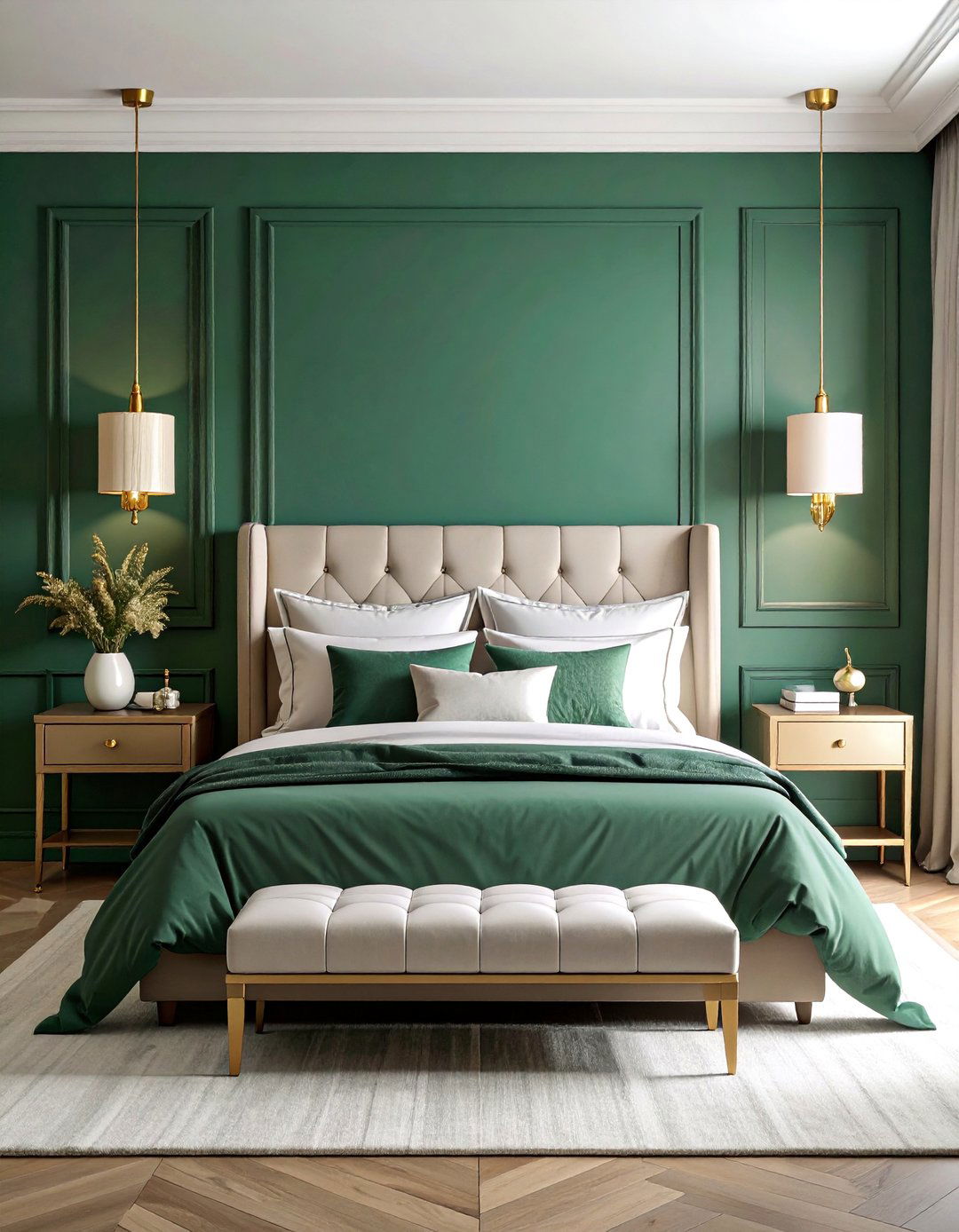 Emerald Green Accent Wall with Gold Details - 25 Dark Green Bedroom Ideas