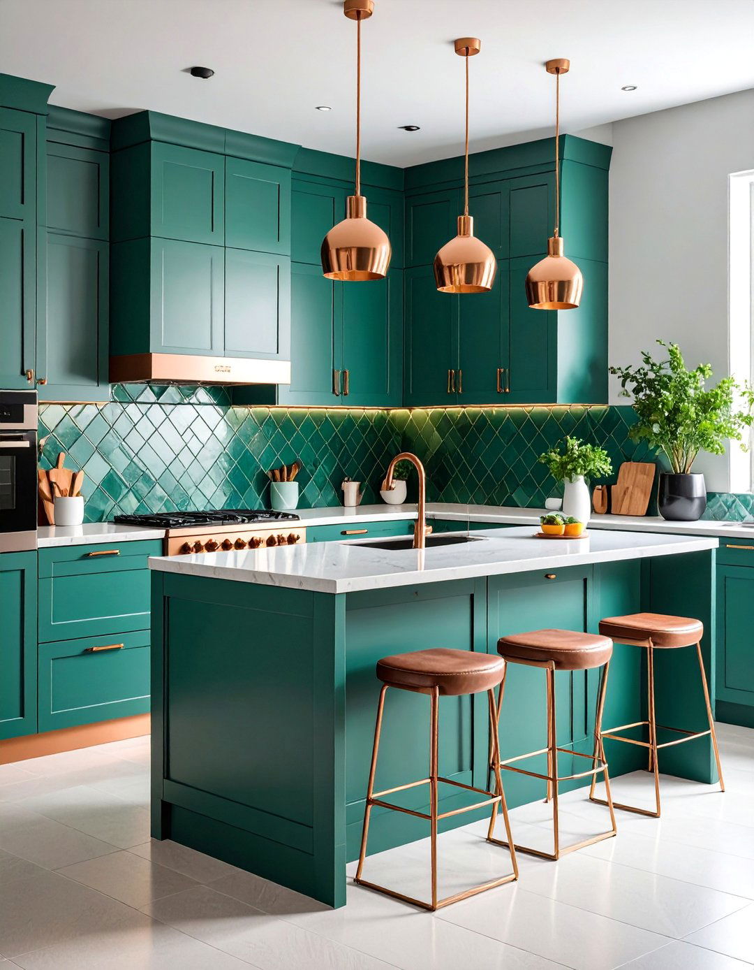Emerald Green Backsplash with Copper Trim - 25 Green and Copper Kitchen Ideas