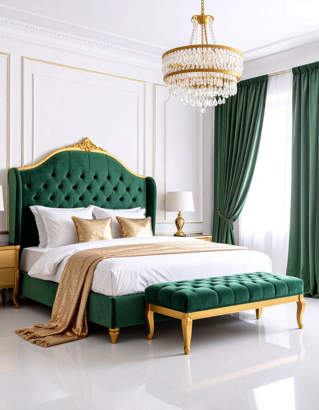 Emerald Green Bedroom with Gold Glamorous Textures - 25 Emerald Green and Gold Bedroom Ideas